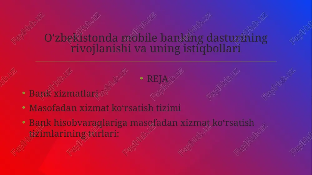oshiriladigan tizim bo‘lib, bunda mijozning kompyuteriga maxsus dastur o‘rnatiladi. ushbu dastur kompyuterda barcha mijoz ma’lumotlarni saqlaydi (asosan to‘lov hujjatlari va hisobvaraqlardan ko‘chirmalar). bank va mijozning kompyuteri o‘rtasida modem orqali to‘g‘ridan-to‘g‘ri aloqa amalga oshiriladi. javob www.presentationgo.com © presentationgo.com by: .com © copyright presentationgo.com – the free powerpoint library 8 internet-banking bu mijozlarning depozit hisobvaraqlarini, jumladan bank kartalariga ochilgan hisobvaraqlarini, internet orqali boshqarish huquqini beruvchi tizimdir. bu xizmat turi mijozning masofadan bank bilan bog‘langan holda real vaqt davomida to‘lovlarni o‘tkazish uchun mo‘ljallangan tizimdir. internet-banking tizimi bankning veb-serverida joylashtiriladi. foydalanuvchi tizimga veb-brauzer orqali qiradi. foydalanuvchi bankning veb-saytida barcha o‘z ma’lumotlari (to‘lov hujjatlari va hisobvaraqlardan ko‘chirmalar)ni ko‘rib chiqish imkoniyatiga ega. javob www.presentationgo.com © presentationgo.com by: .com © copyright presentationgo.com – the free powerpoint template library 9 internet-banking xizmati orqali mijoz o‘z ish joyida yoki boshqa o‘ziga qulay sharoitda: barcha hisobotlarni olish kabi amaliyotlaridan istalgan vaqtda foydalanish imkoniyatini yaratadi to‘lovlarni o‘tkazish to‘lov o‘tishi bosqichlarini kuzatish …