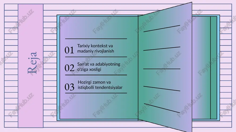 lik tushunchalari yangicha ko'rinishda aks etgan. renesans san'atining asosiy xususiyatlari - realizm, perspektiva va anatomiya bilimlarining rivojlanishi. markaziy osiyo san'atida ham renesans ta'siri sezilarli bo'lib, bu davrda ko'plab san'atkorlar o'z ijodida yangi g'oyalarni qo'llashgan. masalan, samarqandda yashagan ma'lum rassomlar o'z asarlarida renesans uslubidagi perspektivani va ranglar uyg'unligini qo'llaganlar. shuningdek, ushbu davrda yaratilgan asarlar o'ziga xos madaniyat va urf-odatlarni aks ettiradi. renesans davri san'ati nafaqat estetik jihatdan, balki madaniy almashinuvlar nuqtai nazaridan ham muhimdir. interkultural munosabatlar san'atda yangi g'oyalar va uslublarni olib keldi, bu esa san'atkorlarning ijodiga katta ta'sir ko'rsatdi. umuman olganda, renesans davri san'ati, insoniyat tarixida muhim o'rin tutadi va bugungi san'at uchun asos bo'lib xizmat qiladi. markaziy osiyo san'ati xulosa adabiyot tarixidagi buyuk shaxslar ta'lim va madaniyatdagi cheklovlar yangi avlod adiblari g'arbiy ta'sirlar markaziy osiyo adabiyotida alisher navoi, sadriddin ayniy kabi buyuk adiblar mavjud bo'lib, ularning asarlari xalqimizning madaniy merosini tashkil etadi. ta'lim tizimidagi cheklovlar va madaniy ahvol, adabiyotning …