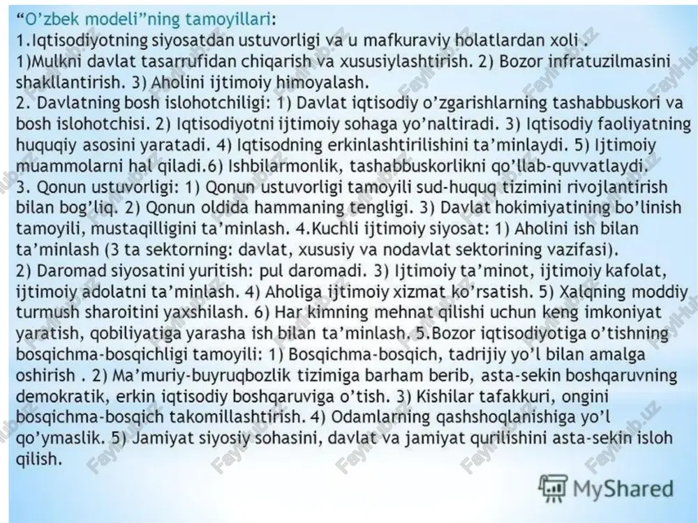 ijtimoiy xizmat ko’rsatish. 5) xalqning moddiy turmush sharoitini yaxshilash. 6) har kimning mehnat qilishi uchun keng imkoniyat yaratish, qobiliyatiga yarasha ish bilan ta’minlash. 5.bozor iqtisodiyotiga o’tishning bosqichma-bosqichligi tamoyili: 1) bosqichma-bosqich, tadrijiy yo’l bilan amalga oshirish . 2) ma’muriy-buyruqbozlik tizimiga barham berib, asta-sekin boshgaruvning demokratik, erkin iqtisodiy boshqaruviga o’tish. 3) kishilar tafakkuri, ongini bosqichma-bosqich takomillashtirish. 4) odamlarning qashshoqlanishiga yo’t qo’ymaslik. 5) jamiyat siyosiy sohasini, davlat va jamiyat qurilishini asta-sekin isloh qilish. {fa} myshared o'zbekistonning o'ziga xos taraggiyot yo'li-“o'zbek modeli” acocuii maxcaa ba sanpaxapn tasoiinxiap a bosop uxmicosuira acocstauirant 9pxitit cnécuii, mavnasnii ba gouna coxumapaa ty6 forapuuusap na eso tapa awazira ‘oumpuu xamguur typuyur ‘apononmint oun xosula uncom uuakevnatmspis miewans, tem na aninizan karu hasap, jarman amos gapya xiuzap yay! myhocn6 mer mapomnmn spam6 gepim mxricomménumr cuécaraan yerywmint ———— xap gup mcon yayn waniton xaonataanran typaymt zapaxas vapacinvtan opxmiumixsay t aansar - gou konyn yerysopauri t xamonuoumr = xampp a meaurenira, mum} …