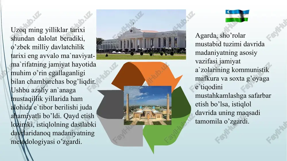 iyati yuksak millat va davlatnigina kelajagi buyuk bo’lishi mumkin ekanligi to’g’risidagi ijtimoiy fikr shakllana boshlandi uchinchidan, ma`naviyat va ma`rifat jamiyatni poklantiruvchi kuch ekanligi e`tirof etilmoqda to’rtinchidan, istiqlol davri o’zbekiston jamiyati ma`naviyatining eng muqaddas maqsadlaridan birikelajakni ma`naviy jihatdan mustahkamlovchi jamoatchilik fikri shakllandi. beshinchidan, istiqlol davrida ma`naviyatning har qanday siyosiy hukmron mafkuralardan holiligi prezident i.karimovning 1992 yil 7 martidagi farmoni bilan o‘zbekiston respublikasi vazirlar maxkamasi qoshida din ishlari bo‘yicha qo‘mita tashkil etildi. 27 mart kuni o‘zbekiston prezidentining «ro‘za xayitini dam olish kuni deb e’lon qilish to‘g‘risida» farmon e’lon qilindi. 1992 yildan boshlab har yili mamlakatimizda ro‘za xayiti umumxalq bayrami sifatida keng nishonlanmoqda. shuningdek, qurbon xayiti ham yurtimizda dam olish kuni va bayram qilib nishonlanadigan bo‘ldi. eng muhimi, xalqimiz o‘z tarixida birinchi marta bevosita hukumat yordamida har yili muqaddas haj va umra amallarini ado etish sharafiga muyassar bo‘lmoqda. 1995 yil 19 mayda o‘zbekiston respublikasi vazirlar maxkamasi qarori bilan toshkentda xalqaro islom tadqiqot markazi …