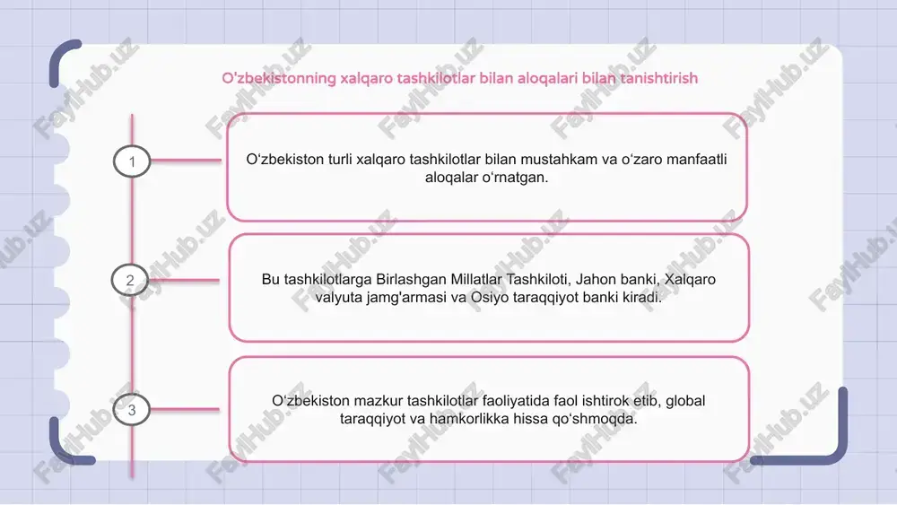 ilotlar bilan hamkorlik va kelishuvlarga ega. ushbu hamkorlik va kelishuvlar turli sohalardagi hamkorlik va rivojlanishni rag‘batlantirishda muhim ahamiyat kasb etadi. o‘zbekistonning ko‘p tomonlama diplomatiyadagi ishtiroki o‘zbekiston ko‘p tomonlama diplomatiya sohasida faol ishtirok etib, ko‘plab xalqaro tashkilotlar bilan aloqalar o‘rnatgan. mamlakat birlashgan millatlar tashkiloti, yevropada xavfsizlik va hamkorlik tashkiloti, mustaqil davlatlar hamdoʻstligi aʼzosi. o‘zbekistonning ushbu tashkilotlardagi ishtiroki mintaqada tinchlik, xavfsizlik va iqtisodiy hamkorlikni mustahkamlashga qaratilgan. o‘zbekistonning xalqaro tashkilotlar bilan aloqalaridagi asosiy yutuqlar o‘zbekiston xalqaro tashkilotlar bilan munosabatlarida salmoqli marralarni qo‘lga kiritdi. mamlakat birlashgan millatlar tashkilotining faol a’zosi bo‘lib, turli tinchlikparvar missiyalarga o‘z hissasini qo‘shgan. o‘zbekistonning jahon banki va xalqaro valyuta jamg‘armasi kabi tashkilotlar bilan hamkorligi uning iqtisodiy rivojlanishida hal qiluvchi rol o‘ynadi. 1 2 3 o‘zbekistonning xalqaro tashkilotlar bilan aloqalaridagi muammolar va imkoniyatlar o‘zbekistonning xalqaro tashkilotlar bilan hamkorligi uning rivojlanishi va yuksalishida muhim ahamiyatga ega. mamlakat ushbu munosabatlarni samarali yo'lga qo'yish va ulardan o'z manfaati uchun foydalanishda qiyinchiliklarga duch kelmoqda. biroq …