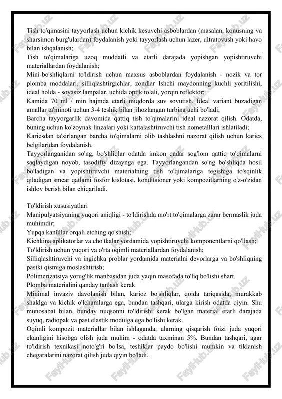 hajmda etarli miqdorda suv sovutish. ideal variant buzadigan amallar ta'minoti uchun 3-4 teshik bilan jihozlangan turbina uchi bo'ladi; barcha tayyorgarlik davomida qattiq tish to'qimalarini ideal nazorat qilish. odatda, buning uchun ko'zoynak linzalari yoki kattalashtiruvchi tish nometalllari ishlatiladi; kariesdan ta'sirlangan barcha to'qimalarni olib tashlashni nazorat qilish uchun karies belgilaridan foydalanish. tayyorlanganidan so'ng, bo'shliqlar odatda imkon qadar sog'lom qattiq to'qimalarni saqlaydigan noyob, tasodifiy dizaynga ega. tayyorlangandan so'ng bo'shliqda hosil bo'ladigan va yopishtiruvchi materialning tish to'qimalariga tegishiga to'sqinlik qiladigan smear qatlami fosfor kislotasi, konditsioner yoki kompozitlarning o'z-o'zidan ishlov berish bilan chiqariladi. to'ldirish xususiyatlari manipulyatsiyaning yuqori aniqligi - to'ldirishda mo'rt to'qimalarga zarar bermaslik juda muhimdir; yupqa kanüllar orqali etching qo'shish; kichkina aplikatorlar va cho'tkalar yordamida yopishtiruvchi komponentlarni qo'llash; to'ldirish uchun yuqori va o'rta oqimli materiallardan foydalanish; silliqlashtiruvchi va ingichka problar yordamida materialni devorlarga va bo'shliqning pastki qismiga moslashtirish; polimerizatsiya yorug'lik manbasidan juda yaqin masofada to'liq bo'lishi shart. plomba materialini qanday tanlash kerak minimal invaziv …