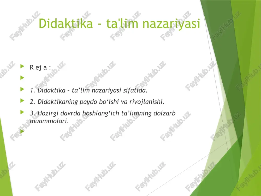 ilan kurasha boshlagan davrda ham o‘zlarining uncha ko‘p bo‘lmagan tajribalarini yosh avlodga o‘rgatganlar. masalan: gulxanni yoqish, yovvoyi hayvonlarini ovlash uchun qurollar tayyorlash yo‘llari va shu kabilarni o‘rgatganlar. bu davrda bolalarga hayot uchun zarur bo‘lgan bilim, ko‘nikmalarni o‘rgatish stixiyali holda amalga oshirilib, uni alohida faoliyat turi deb sanalmagan. lekin bu biz hozir ta’lim deb atayotgan faoliyatning o‘zi bo‘lgan. shuning uchun ham yosh avlodga insoniyat to‘plagan tajribalarni o‘rgatish orqali ularning jamiyat hayotiga qatnashtirish hamma vaqt hamma xalqlarning asosiy ijtimoiy funksiyasi bo‘lgan. kishilik jamiyati yashar ekan ta‘lim hamma vaqt zarur bo‘lib qolaveradi. tarixiy taraqqiyot davomida ijtimoiy tajribalar ko‘paya borgan sari, ta‘lim jarayonida beriladigan bilimlar mazmunining xarakteri va doirasi ham o‘zgaradi. shunday qilib, ma‘lum dasturga asoslangan, ma‘lum maqsadga qaratilgan maxsus ijtimoiy dorilfunun-maktab paydo bo‘ladi. endi esa maktabdagi faoliyat turi, uni amalga oshirish usuli va vositalarini asoslab berish zaruriyati paydo bo‘lgan. shunday qilib didaktika fani yuzaga keladi. didaktika (grekcha didasko – o‘qitaman) ta‘lim va ma‘lumot …