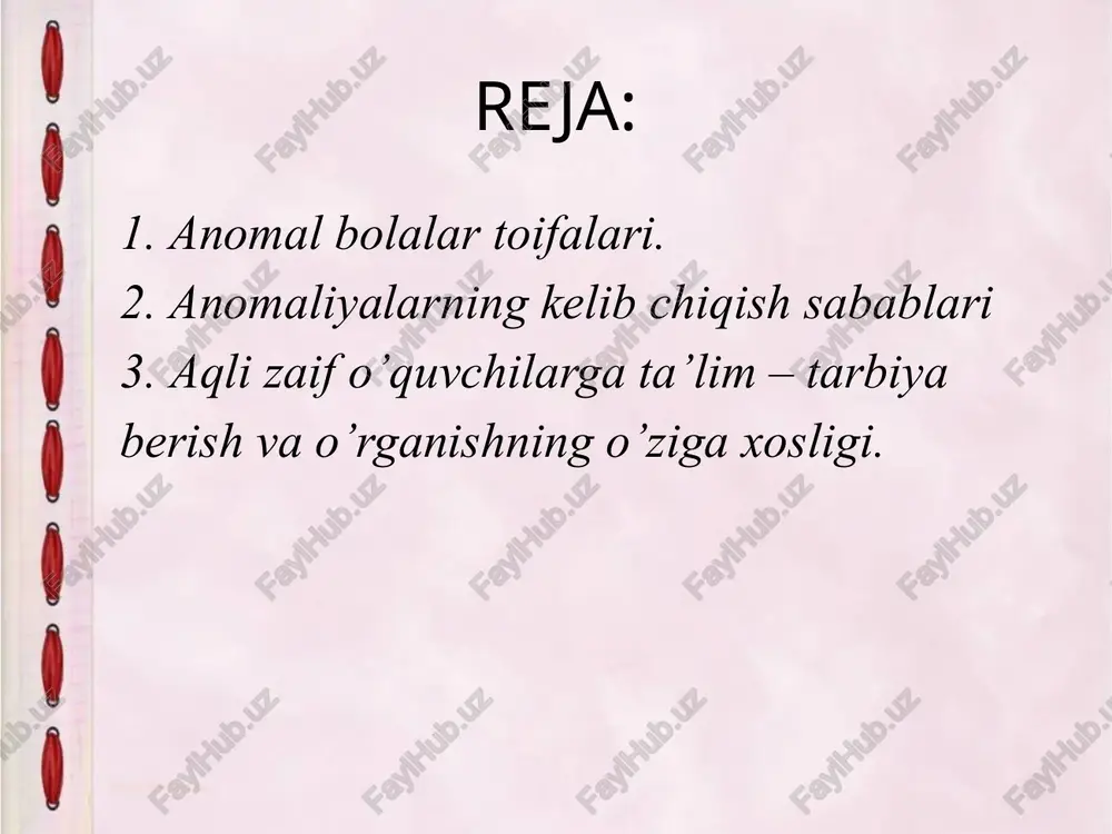 hammasi bola ma'naviy qiyofasining shakllanishiga ta'sir etadi. bolaning xoh ona qornida, hoh tug'ilganidan keyin rivojlanib borishi uchun zarur bo'lgan ma'lum shart-sharoitlarning buzilishi turli xil anomaliyalarga, ya'ni jismoniy yok: ruxiy nuqson'lar. kamchiliklarga olib kelishi mumkin. anomal bolalarning turli xil toifalari eshitish va nuqsonlari bor bolalar ruhan sust rivojlangan bolalar og’ir nutqiy nuqsonlari bor bolalar ko’rish nuqsonlari bor bolalar kur-kar-soqov bolalar oligofren (debil, imbetsil, idiot bolalar) xarakat-tavanch a'zolarida kamchiliklari bulgan bolalar eshitish va nuqsonlari bor bolalar nutq – murakkab ruhiy faoldiyatdir. u ruhiy jarayonlarning tarkib topishiga va bolaning umuman, barkamol bo’lib o’sishiga katta ta’sir ko’rsatadi. nutq eshituv organlari vositasi bilan idrok etishga asoslangan bo’lib, atrofdagilarga taqlid etish yo’li bilan rivojlanib boradi. og’zaki nutqning shakllanishida eshituv analizatori, nutqni harakatga keltiruvchi analizator eshituv analizator bilan mahkam bog’langan holda ishlaydi. eshituv analizatorining rivojlanishi esa ko’p jihatdan talaffuzga bog’liq. bola nutqining o’sib borishi tovushlar talaffuzi, fiziologik va fonematik eshitishning kamol topib borish darajasi bilangina xarakterlanib qolmay, …