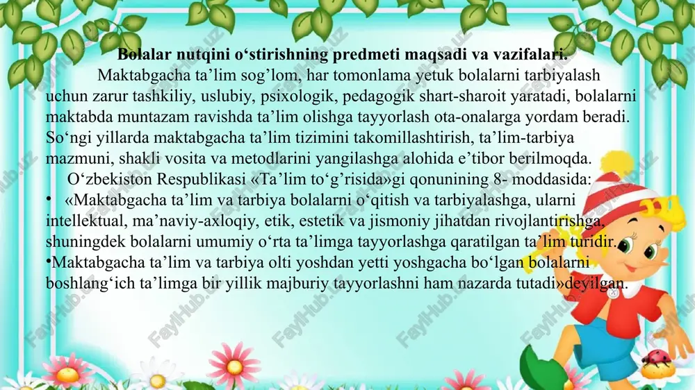 yoshdagi bolalar nutqini rivojlantirish masalalarini tadqiq etish o’zbekiston respublikasida o’tgan asrning 50-yillarida boshlangan. maktabgacha ta’lim sohasidagi birinchi fan nomzodi a.v.nikolskaya mahalliy millat bolalariga rus tilini o’qitish zarurligi masalasini ko’tarib chiqdi. xx asrning 70-yillarida a.v.nikolskayaning ilmiy rahbarligi ostida e.m.razbayeva tomonidan maktabgacha yoshdagi katta bolalarda o’qilgan asarlar asosida kattalar mehnatiga hurmatni tarbiyalash bo’yicha tadqiqot o’tkazildi. 1979 yildan boshlab to bugungi kungacha maktabgacha yoshdagi bolalarga ona tili va o’zga tilni (rus, o’zbek) o’qitish muammosi o’zbekiston olimlari, metodistlari, psixologlarining tadqiqot ob’yekti hisoblanadi. nutq o‘stirish nazariyasi va metodikasi fanining maqsadi maktabgacha yoshdagi bolalarda og’zaki nutqni rivojlantirish tamoyillari, unga qo‘yilgan talablar, usullari, shakllari, nutqni rivojlantirish muammolari, barkamol avlod tarbiyasida nutqni to‘g’ri shakllantirih yo‘llari va ish samaradorligi. zamonaviy pedagogik texnologiya. ta’lim-tarbiya jarayonini ilmiy asosda tashkil etish, va uning tamoyillari, qonuniyatlari. maktabgacha yoshda bo‘lgan bolalarda og’zaki nutqni rivojlantirish ishiga tayyorlashdan iboratdir. nutq o‘stirish nazariyasi va metodikasi fanining vazifalari maktabgacha yoshdagi bolalarda turli yosh bosqichlaridagi nutq rivojini ko‘ra olish …