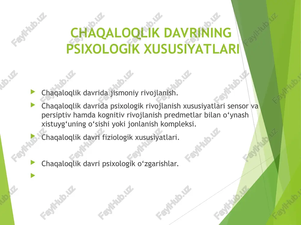 sta zichlashadi. bola noto’g`ri parvarish kilinsa, sof havoda kam bo’lsa, skeletning shakllanishi buziladi, bu xol bolada raxit va boshqa kasalliklarning paydo bo’lishiga olib kelishi mumkin. 6-8 oylikda tish chiqa boshlaydi, dastlab, pastki markaziy kurak tishlar, keyin yukoriga markaziy, so’ng yon tomondagi, yil oxiriga borib, pastki yon tomondagi kurak tishlar ham chiqadi. bola bir yasharligida 8 ta tish bo’lishi kerak. tish chiqishi normal, hech qanday kasallik alomatlarisiz kechadi, ba’zan, tishi chikayotgan bola injiq bo’lib qoladi; darmonsizlanish, uyqusizlik, harorat ko’tarilishi, ich ketishi va boshqalar kuzatilishi mumkin. muskul sistemasi hali etarli rivojlanmagan bo’ladi, lekin go’dak o’sa borgani sari u tobora takomillashib, birmuncha kuchli, chidamli bo’lib koladi. 3-4 oyga borib, muskullar kamrok bukiladi, shu boisdan go’dakning bukilgan qo’l va oyoklari yozila borib, qad-komati sekin-asta o’zgaradi. bolani muntazam badantarbiya kildirilganda muskullari juda to’g`ri va bekamu ko’st rivojlanadi. chaqaloqlik (tug‘ilganidan boshlab bir-ikki oylikkacha). bola ko‘pchilik jonivorlarning bolasiga qaraganda ancha ojiz tug‘iladi. u nisbatan cheklangan xulq-atvor, tashqi …