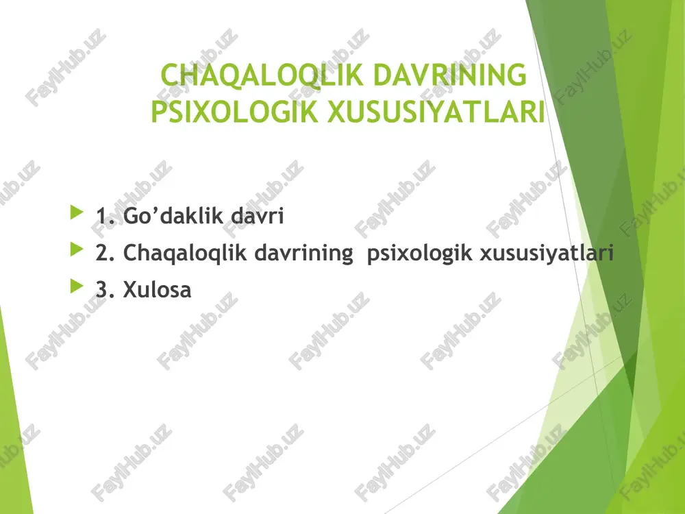 b, pastki markaziy kurak tishlar, keyin yukoriga markaziy, so’ng yon tomondagi, yil oxiriga borib, pastki yon tomondagi kurak tishlar ham chiqadi. bola bir yasharligida 8 ta tish bo’lishi kerak. tish chiqishi normal, hech qanday kasallik alomatlarisiz kechadi, ba’zan, tishi chikayotgan bola injiq bo’lib qoladi; darmonsizlanish, uyqusizlik, harorat ko’tarilishi, ich ketishi va boshqalar kuzatilishi mumkin. muskul sistemasi hali etarli rivojlanmagan bo’ladi, lekin go’dak o’sa borgani sari u tobora takomillashib, birmuncha kuchli, chidamli bo’lib koladi. 3-4 oyga borib, muskullar kamrok bukiladi, shu boisdan go’dakning bukilgan qo’l va oyoklari yozila borib, qad-komati sekin-asta o’zgaradi. bolani muntazam badantarbiya kildirilganda muskullari juda to’g`ri va bekamu ko’st rivojlanadi. chaqaloqlik (tug‘ilganidan boshlab bir-ikki oylikkacha). bola ko‘pchilik jonivorlarning bolasiga qaraganda ancha ojiz tug‘iladi. u nisbatan cheklangan xulq-atvor, tashqi olamga moslashishning muqarrar-reflektor shakllari jamg‘armasiga ega bo‘ladi. tug‘ma xulq-atvor shakllarining kamligi bola kuchsizligini emas, kuchini tashkil etadi – u deyarli cheksiz aqliy rivojlanish, xulq-atvorning yangi shakllariga ega bo‘lishning yangi tajribalarini …