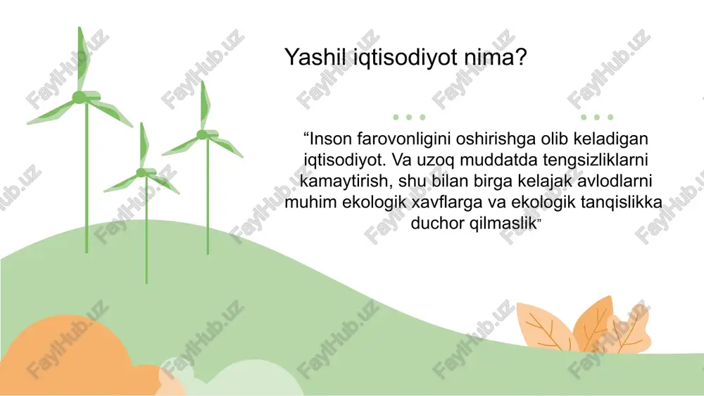 larni baholash 2-qadam haqiqiy va vaqt bilan chegaralangan maqsadlarni qo'yish 3-qadam yaxshi ma'lumot va maslahatlarga ega bo'lish 4-qadam loyihaning ekologik, iqtisodiy va ijtimoiy ta'sirini xaritada ko'rsatish 5-qadam fikrni sinab ko'rish ishning asosiy bosqichlari qanday yashil iqtisodiyotni rivojlantirish? 6-qadam turli xil moliyalashtirish manbalarini baholash 7-qadam manfaatdor tomonlar bilan ishonchni mustahkamlash 8-qadam ta'minot zanjiri bo'ylab zarur qadamlarni rejalashtirish 9-qadam loyihani targ'ib qilish so’nggi qadam kattalashtirish e’tiboringiz uchun rahmat! image1.jpeg image2.jpg image3.jpg image4.jpg image5.png > 2019-2030 yillar davrida o‘zbekiston respublikasining “yashil” ar iqtisodiyotga o'tish strategiyasi tasdiqlandi va quyidagilar uni amalga oshirishning ustuvor yo‘nalishlari etib belgilandi: > igtisodiyoining bazaviy tarmoglari energiya samaradorligini oshirish; > energiya resurslari iste'molini diversifikatsiyalash va qayta tiklanuvchi energiya manbalaridan foydalanishni rivojlantirish; > iglim o'zgarishi oqibatlariga moslashish va ularni yumshatish, tabiiy resurslardan foydalanish samaradorligini oshirish va tabiiy ekotizimlami asrash; > “yashil” iqtisodiyotni qo‘llab-quvvatlashning moliyaviy va nomoliyaviy mexanizmlarini ishlab chiqish; 1.qishloq xo'jaligida yashil iqtisodiyot tamoyillarining asosiy tushunchalari. yashil iqtisodiyotning mohiyati ~ yashil …