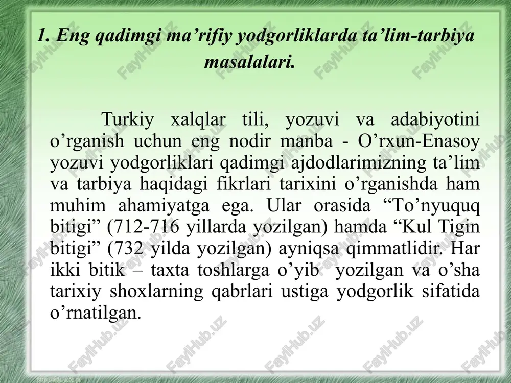 qlab kelmoqda. umuman: o’rxun-enasoy yozuvlarida turkiy xalqlarning o’ziga xos jasurligi, matonati, yer yuzida yaxshilik urug’ini ko’paytirish, yurtining daxlsizligi yo’lidagi jonbozligi sezilib turadi. olim n.rahmonov “bitiklar olamida” asarida - o’zbekistonda ham mazkur bitiglar yuzasidan birmuncha ishlar amalga oshirildi. 1941 yilda o.sharofiddinov tuzgan “o’zbek adabiyoti tarixi” xrestomatiyasida, “o’zbek adabiyoti” kitobining birinchi jildida (1959) ayrim bitiglarning hozirgi o’zbek tilidagi tavsifi berilgan. 1964 yilda t.salimov kultegin bitigtoshining o’zbek tiliga tarjimasini berdi. 1972 yilda filologiya fanlari doktori a.p.qayumov “qadimiyat obidalari” kitobida boshqa bitiglar tarjimasi bilan bir qatorda kultegin bitigining tarjimasini ham berdi. kultegin bitigtoshi marmarga o’yilgan bo’lib, qalinligi qirq bir santimetr, balandligi uch metru o’n besh santimetr, tub qismining qalinligi bir metr yigirma to’rt santimetr bo’lib yuqoriga torayib borgan. marmar taxtaning o’rtasiga besh burchakli qalqon shaklida balandligi oltmish to’rt santimetr, kengligi qirq santimetrli lavha o’rnatilgan. lavhada arxar surati tasvirlangan hoqonlik tamg’asi naqsh qilingan. orqa tomoniga bitigtoshning o’rnatilish tarixi xitoy yozuvida bitilgan. bitigtoshning yuz tomoniga qirq …