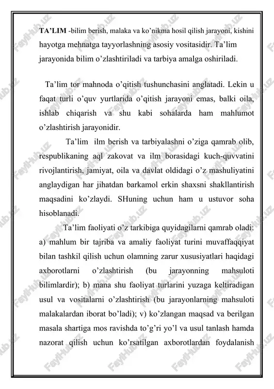 maqsadi va mazmuni jamiyatning madaniy taraqqiyoti, fan-texnikasining rivojlanganligi, ishlab chiqarish texnologiyalarining amalga joriy etish darajasi kabilar bilan belgilanadi. ijtimoiy munosabatlar, umumiy mahlumotga bo’lgan talab va ehtiyoj, kishilarning kasbiy tayyorgarligiga, ta’lim haqidagi g’oyalarga qarab kishilik jamiyatining turli davr (bosqich)larida ta’limning mohiyati, maqsadi, mazmuni tashkil etish shakllari, amalga oshirish metodlari va vositalari o’zgarib, takomillashib boradi. ta’lim mohiyatiga ko’ra bu jarayonda ishtirok etuvchilarning o’zaro hamkorlikdagi faoliyatlarining natijasidir. ta’lim jarayonida shaxsning dunyoqarashi, qobiliyati, fazilat (xislat)lari o’zgaradi. ta’lim jarayonida kishilik jamiyatining ijtimoiy-tarixiy tajribalari tahsil oluvchilar tomonidan o’zlashtiriladi va shu yo’l bilan u avlodlar orasidagi mahnaviy-madaniy, ijtimoiy, ijtimoiy vorislikni taminlaydi. ta’limning metodologik asosini dealektik bilish nazariyasi tashkil etadi. kasbiy pedagogika – umumiy pedagogikaning bir sohasi bo’lib, u tarbiya, ta’lim, o’qitish haqida qator nazariy va amaliy mahlumotlar beradi. kasbiy pedagogika sanoat, ishlab chiqarish va mehnat pedagogikasining masalalari bilan shug’ullanadi. kasb-hunar ta’limi pedagogikasi bir necha bo’limlariga bo’linib, bu bo’limlarda kasbiy pedagogikaning asoslari va muhim malasalalarini, yahni kasb-hunar ta’limi …
