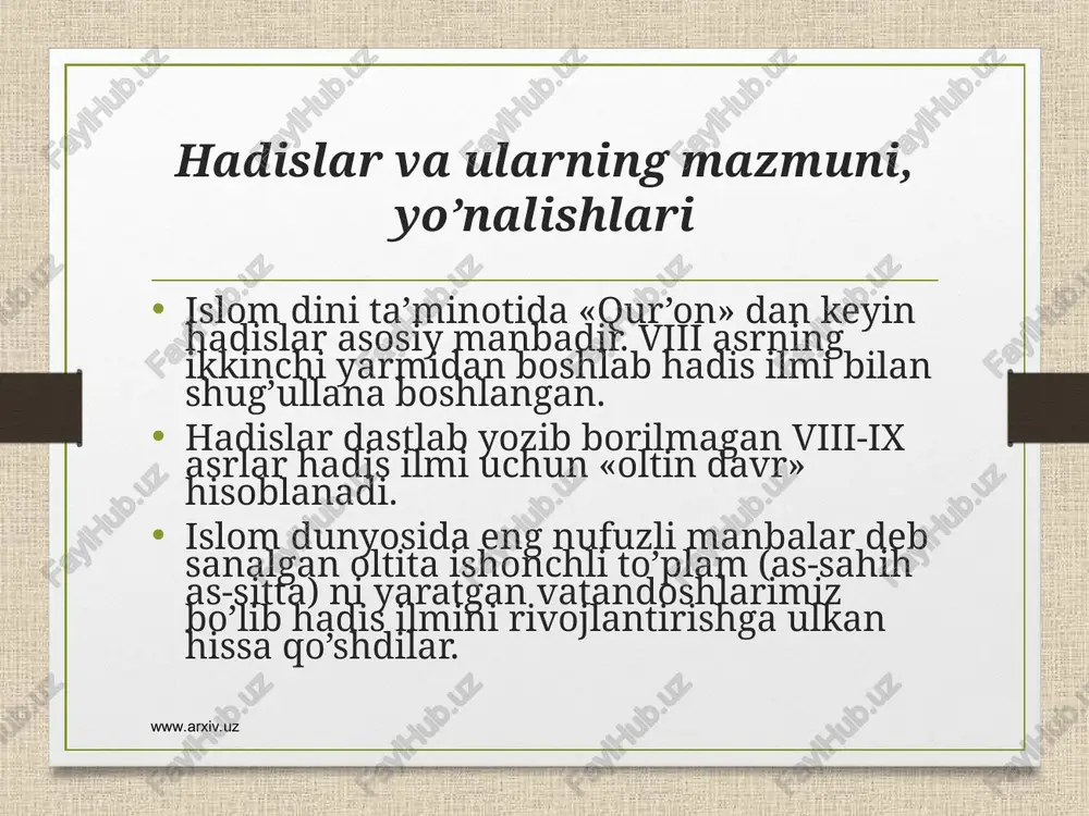 lari mavjud. www.arxiv.uz www.arxiv.uz 4 tomlik «sahih al-buxoriy» asarida payg’ambarimiz hadislaridan tashqari, islom huquqshunosligi, islom marosimlari, axloq-odob, ta’lim-tarbiya, tarix va etnografiyaga oid ma’lumotlar ham berilgan. unga 600 ming hadisdan 7275 ta «sahih» (ishonchli)hadislari kiritilgan bo’lib, shundan 4000 tasi takrorlanmaydigan hadisdir. olim islom olami odob-axloqi va tarbiyasiga bag’ishlab «al-adab al-mufrat» («adab durdonalari») nomli hadis to’plami yaratgan 1322 ta hadisni tashkil qiladi. mashhur muqaddas at-termiziy 824 yilda termiz yaqinidagi bud (hozirgi sherobod tumanida) qishlog’ida tug’ilgan. u 850 yilda safarga chiqadi, makka va madinada bo’ladi. iroq va xurosonda hadis ilmi, fiqx, ilmi al-qiroat, bayon, tarix va boshqa ilmlarni o’rganadi. u 863 yilda o’z vataniga qaytadi. www.arxiv.uz www.arxiv.uz www.arxiv.uz www.arxiv.uz at-termiziy 10 dan ortiq kitoblar yaratgan. bular: «ishonchli to’plam», «payg’ambarning alohida fazilatlari», «hadislardagi illatlar va oqimlar haqida» kabi asarlari mashhurdir. asarlarda insonni halollik, adolat, e’tiqod, diyonat, poklik, mehnatsevarlik, muruvvatlilik, mehr-shavqat, kattalarga ota-ona va qarindoshlarga hurmat ruhida tarbiyalashga katta ahamiyatga ega. islom aqidasiga ko’ra har …