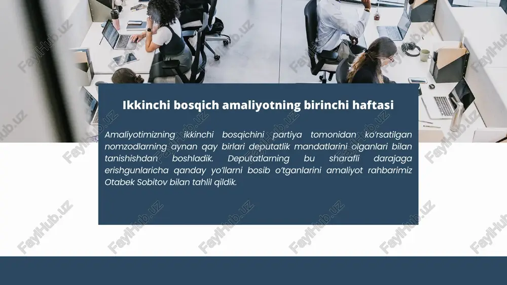 asidandir. oltinchi hafta yettinchi hafta amaliyotimizning so’ngi haftasida amaliyotimiz rahbari bilan kelgusidagi rejalarimiz bilan o’rtoqlashdik. rivojlantirishimiz lozim bo’lgan shaxsiy fazilatlarimizni aniqlab oldik. image1.png image2.svg image2.png image3.png image4.jpeg image5.png image6.png image7.png image13.svg image8.png image9.png image16.svg image10.png image18.svg image11.jpeg wv o‘zlidep /docprops/thumbnail.jpeg