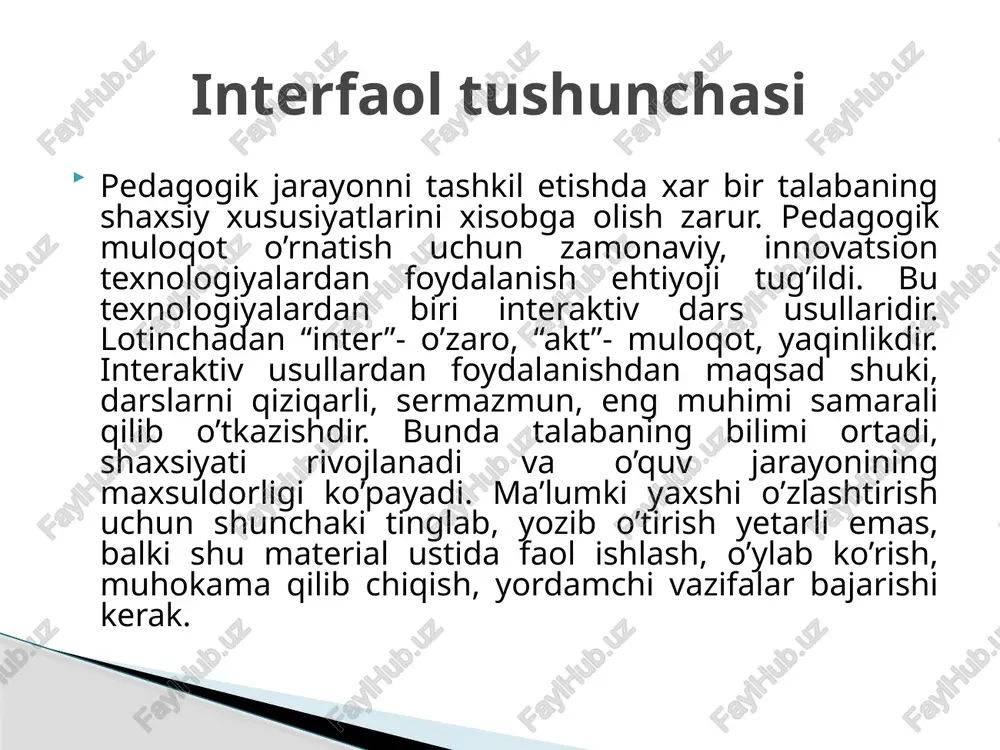 ishlari mumkin bo’lgan fikrlardan boshqacha fikrlarni aytishlari mumkin . diqqat markazini pedagogdan qatnashchilarga kuchiradi. qatnashchilarni uz ustlariga ko’proq mas’uliyat olishga majbur qiladi. afzalliklari: masalan: talabalarga pedagogika tarmoqlarini sanab berish topshiriladi. javob berilayotganda – javoblar izohlanmaydi yoki o’rinsiz deb rad etilmaydi. javoblar tugagach talabalar o’qituvchi bilan birgalikda javoblarni muhokama qilishadi. yoki psixologiyadan tafakkur operastiyalarini sanab berish topshiriladi. gurux a’zolari shu mavzu yuzasidan gaplashib, miyaga nima kelsa, shularning hammasini daftarga yozib olishadi. keyin hamma o’z fikrini bayon etadi. g’oyalarni yozish uchun bir kishini ajratish kifoya qiladi. bu metod guruhni birlashtirib, yakdil qiladi. interfaol mashg’ulot turlari: miya hujumi topshiriq yozib qo’yilgan qog’oz varag’i davra bo’ylab o’tkaziladi. har bir talaba o’zining javob variantini yozib qo’yadi va varaqni boshqa talabaga uzatadi. javoblar tugagach, muhokama bo’ladi. noto’g’ri javoblar o’chiriladi, to’g’ri javoblar soniga qarab talabalar baholanadi. masalan: 1 pedagogikaning asosiy kategoriyalarini ko’rsating. 2 pedagog mahoratlarini aytib bering. yoki 1 shaxs komponentlarini belgilab bering. 2 leongard bo’yicha xarakter …