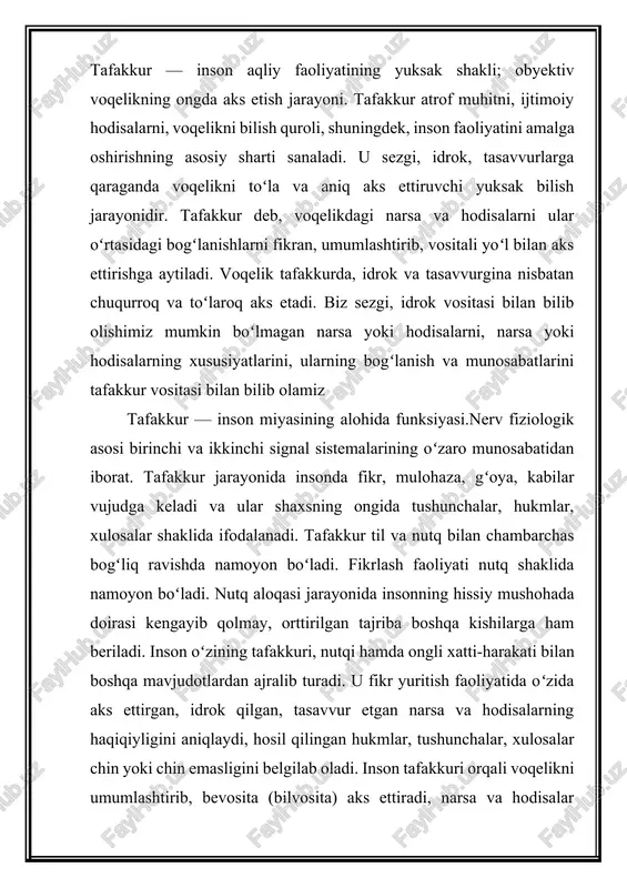 yatlarni anglab yetadi. binobarin, inson muayyan qonun, qonuniyat va qoidalarga asoslangan holda ijtimoiy voqea va hodisalarning vujudga kelishi, rivojlanishi hamda oqibatini oldindan koʻrish imkoniyatiga ega. hamda tafakkurni diagnostika qilish metyodlarni yordamida tafakkurni keng tadbiq qilsih orqali yoritib berishimiz mumkin bunga ko`ra tafakkurni diagnostika qilish metodlari quyidagilarga bo`linadi. tafakkurni diagnostika qilish metodlari 1. “ob’yektlarning o‘xshashligi va farqini aniqlash, sababini tushuntirish, tushunchalarini ta’riflash” metodikasi. 2. “tushunchalarning shakllanishi” 3. “miyada hisoblay olish” metodikasi. 4. “rubik kubiklari” 5. “raven matritsasi” 6. koss kubiklari. 7. link kubi. 8. klassifikatsya. 9. ortiqchasini o‘chirish. 10. muhim belgini ajratish. 11. sun’iy tushunchalarni shakllantirish. 12. sun’iy tushunchalarni shakllantirish qobilyatini o‘ganishda ta’limiy darslardan foydalanish. rubik kubiklari - bu metod bolaning ko‘rgazmali- harakat tafakkurining rivojlanish darajasini tashhis qilish uchun mo‘ljallangan. bizga tanish bo'lgan rubik kubiklaridan foydalanib, bolaga murakkablik darajasi har xil bo'lgan amaliy vazifalar beriladi, bu vazifalarni tig‘iz vaqt sharoitida yechish taklif qilinadi. ravenning progressiv matritsasi - testi psixologik va uning …