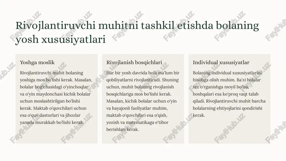 orqali olingan ma'lumotlarni qayta ishlash jarayoni. bola bu dunyoni o'zining sezgi organlari yordamida idrok qiladi. bolaning sezgi organlarining rivojlanishi va ularning funktsiyasi rivojlantiruvchi muhitni tashkil etishda muhim ahamiyatga ega. bola o'zining ko'rish, eshitish, hidlash, ta'm bilish va teginish sezgi organlari yordamida tashqi dunyo bilan o'zaro aloqada bo'ladi. idrok sezgi organlari orqali olingan ma'lumotlarni tushunish, tahlil qilish va talqin qilish jarayoni. idrok qilish - bu sezgi organlari orqali olingan ma'lumotlarni qayta ishlash va ularga ma'no yuklashning murakkab jarayoni. idrok qilish jarayonida bola atrofdagi narsalarni, hodisalarni va shaxslarni to'g'ri idrok qila oladi. bolaning idrok qilish xususiyatlari uni o'z-o'zini rivojlantirishda va o'quv faoliyatida muhim rol o'ynaydi. 3 rivojlantiruvchi muhitni tashkil etishda bolaning diqqat-e'tibor xususiyatlari diqqatning davomiyligi kichik yoshdagi bolalar diqqati tez chalg'iydi. ular o'zlarini qiziqtirgan narsalarga qisqa vaqt davomida diqqat qila oladilar. shuning uchun bolalar bog'chasida o'yin va mashg'ulotlar qisqa muddatli va o'zgaruvchan bo'lishi kerak. bola diqqatini jalb qilish uchun yorqin ranglar, o'ziga …