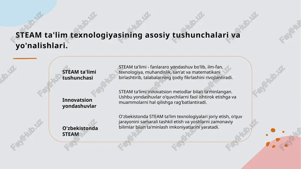 muammolarni innovatsion yechimini topishga yordam beradi. 3 o'qitish metodlari interdisiplinar yondashuv o'qitish metodlarini o'z ichiga oladi, bu esa talabalarni amaliyotga yo'naltirish va ijtimoiy ko'nikmalarni rivojlantirish imkonini beradi. 4 ta'lim samaradorligi fanlararo integratsiya ta'lim samaradorligini oshiradi, chunki o'quvchilar bilimlarni bir-biri bilan bog'lay olishadi va kengroq nuqtai nazardan qarash imkoniyatiga ega bo'lishadi. o'zbekistonda steam ta'lim texnologiyalarini joriy etishning afzalliklari. innovatsion ta'lim steam ta'lim texnologiyalari innovatsion o'qitish usullarini qo'llashga imkon beradi, bu esa talabalarni yaratqonlik va muammolarni hal qilishga rag'batlantiradi. fanlararo integratsiya steam yondashuvi fanlararo integratsiyani kuchaytiradi, bu esa o'quvchilarga ko'p qirrali bilim olish imkonini beradi va real hayotdagi muammolarni hal qilishda yordam beradi. jamiyat rivoji o'zbekistonda steam ta'lim texnologiyalarining joriy etilishi jamiyatning ijtimoiy-iqtisodiy rivojiga hissa qo'shadi, bu esa yangi ish o'rinlari va innovatsion g'oyalarni yaratadi. ta'lim jarayonini samarali tashkil etishda steam yondashuvining roli. steam yondashuvi steam yondashuvi ta'lim jarayonini integratsiyalashgan yondashuvda tashkil etadi, bu esa o'quvchilarni ko'p fanli bilimlar bilan ta'minlaydi. innovatsion …
