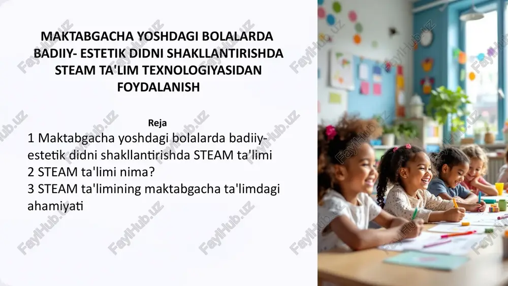 biliyatini oshirishga qaratilgan. steam ta'limi bolalarda tanqidiy fikrlash, muammolarni tahlil qilish va ularga ijodiy yondashuvni shakllantirishga yordam beradi. shuningdek, bolalar o'zlarini ifoda etishning yangi usullarini o'rganadilar, o'z g'oyalarini amalga oshirish uchun turli xil materiallar va texnologiyalardan foydalanadilar. 5 bolalarda kreativlik va innovatsiyani rivojlantirish steam yondashuvi orqali yaratish steam ta'limi bolalarga turli xil materiallar bilan ishlash imkonini beradi. ular qurish, modellashtirish, rasmlar chizish, o'yinchoqlar yaratish va boshqalar bilan shug'ullanishlari mumkin. bu jarayon bolalarda mustaqil fikrlashni, muammolarni hal qilish qobiliyatini va ijodkorlikni rivojlantiradi. yangiliklarni kashf etish steam ta'limi bolalarni turli xil ilmiy sohalar bilan tanishtiradi. ular fan, texnologiya, muhandislik, san'at va matematika asoslarini o'rganadilar. bu bilim ularga dunyoni yangicha ko'z bilan ko'rishga va o'z atrofida bo'layotgan hodisalarga tanqidiy qarashga yordam beradi. 6 steam yondashuvi orqali badiiy-estetik qobiliyatlarni o'stirish rang va shakl o'yini steam yondashuvi orqali bolalar ranglarni aralashtirish, turli shakllarni yaratish va ularni ko'rish, his qilish va tushunishni o'rganadilar. bu esa ularning …
