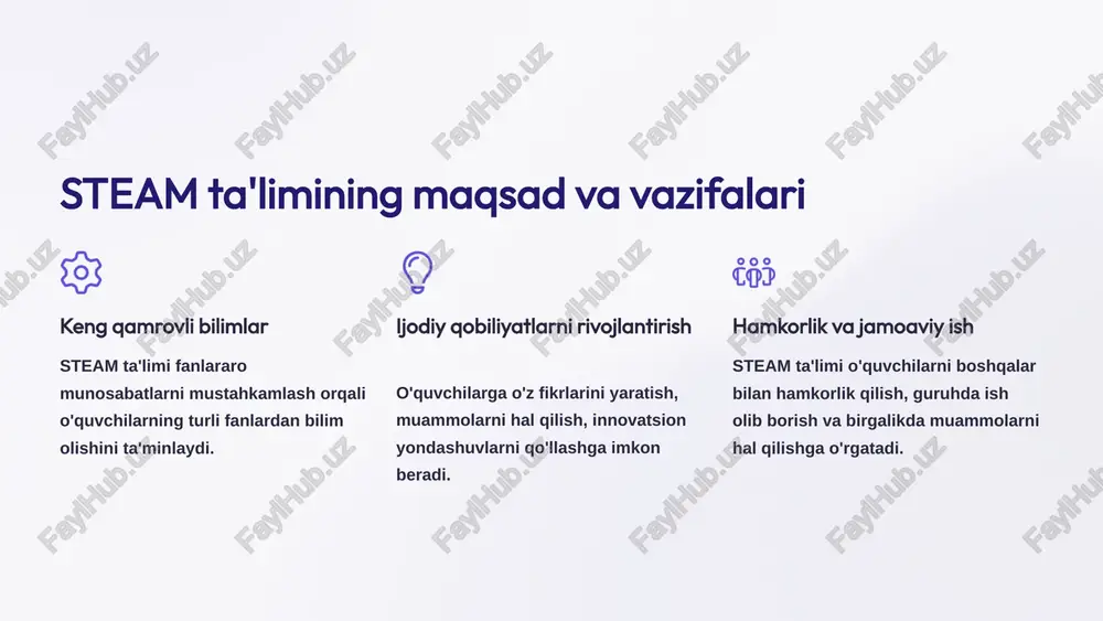 qadam bo'ldi. steam ta'limining ildizlari xx asrning oxiriga borib taqaladi, o'sha davrda ilmiy-texnik taraqqiyot tezlashdi va yangi mutaxassislarga bo'lgan talab oshdi. ta'lim tizimi bu o'zgarishlarga moslashishga majbur bo'ldi. 4 steam ta'limining yetakchi mamlakatlar tajribasi aqsh aqsh steam ta'limni rivojlantirishda peshqadam. aqshda stem ta'limi 1990-yillarda paydo bo'lgan va keyinchalik san'atni o'z ichiga olgan holda steam ga aylantirilgan. buyuk britaniya buyuk britaniya steam innovatsiyalar markazi. steam ta'limining integratsiyalashgan yondashuvi bilan o'quvchilarni 21-asr ko'nikmalariga ega bo'lishga undaydi. singapur singapur steam ta'limni standartlashtirishda namuna. singapurda steam ta'lim dasturlari barcha maktablar uchun majburiy bo'lib, texnologiya bilan tanishishga katta e'tibor qaratilgan. xitoy xitoy steam ta'limni integrasiyalashtirishda avangard. xitoyda steam ta'lim dasturlari maktablarni ilmiy va texnologik sohalarda raqobatbardosh qilishga yo'naltirilgan. 5 aqsh - steam ta'limni rivojlantirishda peshqadam erta boshlanuvchi steam aqshda steam ta'limi bolalikdan boshlanadi. maktablarda robototexnika, 3d chop etish va dasturlash singari fanlar o'qitiladi. steam integratsiyasi aqshda steam fanlarini integratsiya qilish bo'yicha ko'plab dasturlar mavjud, masalan, …