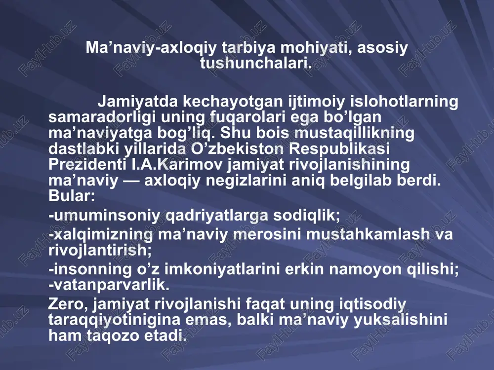 afakkurga tayanib yashaydigan barkamol shaxs — komil insonni tarbiyalashdan iborat». demak, ma’naviyatli inson bilimli, ma’lum kasb —hunar sohibi, o’z vatanining sodiq fuqarosidir. o’z davlati qonunlarini biladigan va ularga amal qiladigan, yurti bilan g’ururlana oladigan inson. o’z vatani boyliklarini saqlaydigan, uni yanada boyitadigan, go’zalliklaridan bahramand bo’ladigan shaxs. u har qanday zararli illatlarga qarashi kurashadigan, milliy va umuminsoniy qadriyatlarni avaylab asraydigan insondir. axloq esa shaxsning xatgi —harakatlari, yurish — turishi, turmush tarzi, hayot kechirish tamoyillari, qoidalari, ijtimoiy munosabatlar mazmunini ifodalaydi. umuminsoniy qadriyatlarga sodiqlik halqimizning ma’naviy merosini mustahkamlash va rivojlantirish insonning o’z imkoniyatlarini erkin namoyon qilishi vatanparvarlik «ahlok» (lotincha—xulq—atvor ma’nosini bildiradi) ijtimoiy ong shakllaridan biri bo’lib, ijtimoiy munosabatlar hamda shaxs xatti—harakatini tartibga soladigan qonun—qoidalar majmuidir. ma’naviy — axlokiy tarbiya vazifalari quyidagilardan iborat: 1.o’quvchilarda ma’naviy — axloqiy ongni shakllantirish. 2.ularda ma’naviy—axloqiy his—tuyg’ularni tarbiyalash va rivojlantirish. 3.o’quvchilarda ma’naviy—axloqiy xulq—atvor ko’nikma va odatlarini tarkib toptirish. ma’naviy — axloqiy tarbiya mohiyatiga ko’ra inson ongining jamiyat bilan aloqadorligi, …