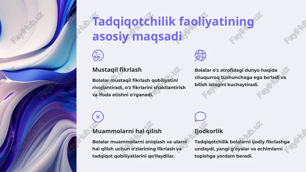 qadriyatlarni, mas'uliyat hissi, hurmat va o'zaro hamjihatlikni rivojlantirishga e'tibor qaratiladi. 4 bolalarning tadqiqotchilik faoliyatini rivojlantirish usullari 1 qiziqish va savol berishni rivojlantirish bolalarning atrof-muhitga bo'lgan qiziqishini rag'batlantirish va ularning savol berish qobiliyatini rivojlantirish kerak. 2 kuzatish qobiliyatini yaxshilash bolalarda ob'ektlarni va hodisalarni diqqat bilan kuzatish, tahlil qilish va kuzatilgan narsalarni qayd etish qobiliyatini rivojlantirish kerak. 3 tajriba qilishga undash bolalarni o'zlarining nazariyalarini sinab ko'rishga, tajriba o'tkazishga va natijalarni tahlil qilishga rag'batlantirish kerak. 5 bolalarning tadqiqotchilik faoliyatini tashkil etishda foydalaniladigan interfaol metodlar kichik olimlar bolalar o'z atrof-muhitini o'rganishda kashfiyotchilik ruhi bilan harakat qilishlari kerak. tajriba va tadqiqot bolalar o'zlarining ilmiy qiziqishlariga qarab, tadqiqotlar o'tkazib, ilmiy bilimlarga ega bo'lishlari mumkin. birgalikda ishlab chiqish bolalar jamoa bo'lib ish olib borish orqali bir-birlaridan o'rganish va o'zlarining fikrlarini ifoda etish imkoniyatiga ega bo'lishlari mumkin. 6 tadqiqotchilik faoliyatining asosiy bosqichlari tadqiqotchilik faoliyati – bu bola rivojlanishining muhim qismi. u bolaning muhim bilim va ko‘nikmalarni egallashiga, dunyo …