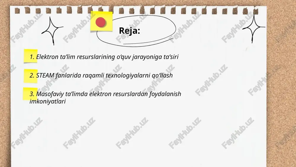riallari, videodarslar va maʼruzalarga 24/7 kirish imkoniyati mavjud. statistikaga ko‘ra, 2020 yilda masofaviy taʼlim global bozori 250 milliard dollarni tashkil etdi va 2026 yilga kelib 375 milliard dollarga yetishi kutilmoqda. elektron resurslar yordamida talabalarning o‘zlashtirish darajasi 30% ga oshishi mumkin. shuningdek, interaktiv platformalar orqali 1 milliondan ortiq kurslar taklif etiladi, bu esa dunyo bo'ylab 250 milliondan ortiq foydalanuvchiga xizmat ko'rsatadi. shu orqali taʼlim jarayoni yanada moslashuvchan va samarali bo‘lishini taʼminlash mumkin. ... t.me/slaydai_bot 4. multimedia vositalari orqali steam fanlarini o‘qitish multimedia vositalari, xususan, video, animatsiya, va interaktiv dasturlar, steam fanlarini o‘qitishda samarali vosita sifatida xizmat qiladi. tadqiqotlar shuni ko‘rsatadiki, multimedia vositalari ta'lim samaradorligini 30% ga oshirishga yordam beradi. interaktiv dasturlar yordamida talabalar murakkab mavzularni 25% tezroq o‘zlashtirishadi. akt vositalarini qo‘llash orqali o‘qituvchilar ko‘rsatgan natijalar darsda qatnashishni 40% ga oshiradi, ayniqsa matematika va texnologiya fanlarida. shu bilan birga, o‘quvchilar orasida loyihaviy ishlarda ishtirok etuvchi soni 35% ga o‘sadi. shu sababli, multimedia …
