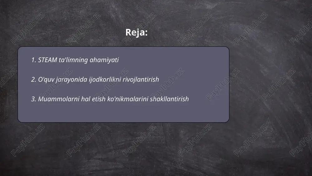 ... t.me/slaydai_bot muammolarni hal etish ko'nikmalarini shakllantirish inson hayotida muhim rol o'ynaydi. bu ko'nikmalarni rivojlantirish jarayoni bilish, tahlil qilish va innovatsiyalarni qo'llashni o'z ichiga oladi. masalan, 2009-yilda o‘tkazilgan tadqiqotlar shuni ko‘rsatadiki, samarali muammo hal etish orqali kompaniyalar 12% samaradorlikni oshirishi mumkin. yana bir statistik ma'lumot 2016-yilda o'tkazilgan tadqiqot natijalariga asoslanib, muammolarni samarali hal qilish orqali muayyan sohalarda 30% gacha resurslarni tejash imkonini beradi. shuningdek, muammolarni hal qilish qobiliyatlarining professional rivojlanishga 40% ijobiy ta'sir ko'rsatishi aniqlangan. bu ko'nikmalarni rivojlantirish xalqaro miqyosda ham ko'plab tashkilotlar uchun ustuvor vazifa bo'lib kelmoqda. ... t.me/slaydai_bot 4. fanlararo integratsiya yondashuvi fanlararo integratsiya yondashuvi zamonaviy ta'limda muhim o‘rin tutadi. bu yondashuv fanni turli boshqa fanlar bilan birlashtirib, o‘quvchilarning bilim darajasini kengaytiradi. masalan, matematika va fizika integratsiyasi orqali o‘quvchilar real dunyo masalalarini yechishni o‘rganadilar. integratsiya nafaqat fanlararo aloqani mustahkamlaydi, balki ijodkorlik, muammolarni hal qilish ko‘nikmalarini ham rivojlantiradi. shu tarzda integratsiyalangan darslar samaradorligi an’anaviy usullarga qaraganda 30% ga yuqori …