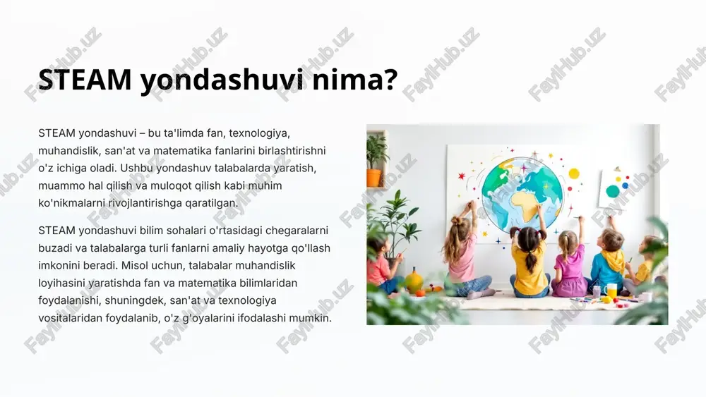 hilarning ijodiy qobiliyatlarini rivojlantirishdir. bu ularga o'z g'oyalarini ifoda etish, yangi narsalar yaratish va muammolarga yangicha yondashuvlar topish imkonini beradi. yaratish orqali o'quvchilar o'zlarining qiziqishlarini kashf etadilar. 4 tanqidiy fikrlash steam ta'limi o'quvchilarning tanqidiy fikrlash qobiliyatlarini rivojlantirishga e'tibor qaratadi. bu ularga ma'lumotni tahlil qilish, xulosalar chiqarish, muammolarni aniqlash va samarali echimlar topish imkonini beradi. 3 steam yondashuvining yagona yondoshuv emasligining sabablari turli xil talablar har bir mamlakatning o'ziga xos ta'lim tizimi, madaniyati va iqtisodiy ehtiyojlari mavjud. steam yondashuvi, ta'limni shakllantirishda yagona yondoshuv bo'lmaydi. global miqyosda farqlar xalqaro miqyosda, steam yondashuvi o'qituvchilarning malakasi, resurslarning mavjudligi, o'quv dasturlari va baholov tizimlarida farq qilishi mumkin. o'quvchilar ehtiyojlari har bir o'quvchining qobiliyatlari va qiziqishlari turlichadir. steam yondashuvini o'qitishda o'quvchilarning individual xususiyatlari hisobga olinishi kerak. 4 steam yondashuvining o'ziga xos xususiyatlari: amerika qo'shma shtatlari tajribasi amerika qo'shma shtatlarida steam yondashuvi, ta'limning ko'p qirrali xarakteriga e'tibor qaratadi. bu yondashuv o'quvchilarning muammolarni hal qilish, ijodiy fikrlash va …