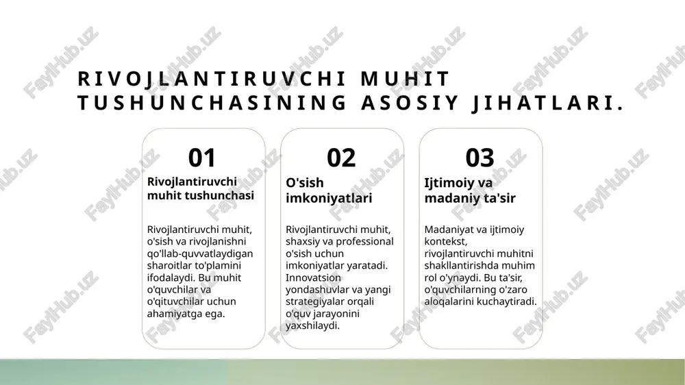 va hamkorlikni ta'minlaydi. madaniyat va rivojlantiruvchi muhitning o'zaro ta'siri. 1 madaniyatning ahamiyati - madaniyat rivojlantiruvchi muhitda o'quvchilarni shakllantiradi, ularning qadriyatlari va ijtimoiy munosabatlariga ta'sir ko'rsatadi, natijada bilim olish jarayoni yuksaladi. 2 rivojlantiruvchi muhit - rivojlantiruvchi muhit madaniyatga asoslangan muammolarni hal qilishni rag'batlantiradi. bu o'z o'rnida o'quvchilarning ijodkorligini va innovatsion fikrlashini rivojlantiradi. 3 o'zaro ta'sir - madaniyat va rivojlantiruvchi muhit o'rtasida o'zaro ta'sir natijasida o'quvchilar o'zlarining madaniy meroslarini qadrlashni o'rganadilar, bu esa ularni yanada motivatsiya qiladi. o'sish va o'qitish strategiyalarining asosiy tamoyillari. o'sish jarayonlari o'sish jarayonlari, o'quvchilarning qobiliyatlarini rivojlantirishga qaratilgan strategiyalarni o'z ichiga oladi. bu jarayonlar interaktiv o'qitish metodlari orqali amalga oshiriladi. o'qitish metodlari o'qitish metodlari, ta'lim jarayonida o'quvchilarning faol ishtirokini ta'minlaydi. ular muammoni hal qilish, guruh faoliyati va o'z-o'zini o'qitish kabi usullarni o'z ichiga oladi. motivatsiya va yordam motivatsiya, o'quvchilarning o'z maqsadlariga erishish uchun harakat qilishlariga yordam beradi. o'qituvchilar esa, qo'llab-quvvatlash va rag'batlantirish orqali o'sishni kuchaytirishi mumkin. ta'lim muhitini rivojlantirishda …