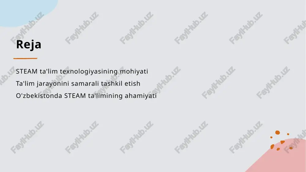 quvchilarga muammolarni innovatsion yechimini topishga yordam beradi. 3 o'qitish metodlari interdisiplinar yondashuv o'qitish metodlarini o'z ichiga oladi, bu esa talabalarni amaliyotga yo'naltirish va ijtimoiy ko'nikmalarni rivojlantirish imkonini beradi. 4 ta'lim samaradorligi fanlararo integratsiya ta'lim samaradorligini oshiradi, chunki o'quvchilar bilimlarni bir-biri bilan bog'lay olishadi va kengroq nuqtai nazardan qarash imkoniyatiga ega bo'lishadi. o'zbekistonda steam ta'lim texnologiyalarini joriy etishning afzalliklari. innovatsion ta'lim steam ta'lim texnologiyalari innovatsion o'qitish usullarini qo'llashga imkon beradi, bu esa talabalarni yaratqonlik va muammolarni hal qilishga rag'batlantiradi. fanlararo integratsiya steam yondashuvi fanlararo integratsiyani kuchaytiradi, bu esa o'quvchilarga ko'p qirrali bilim olish imkonini beradi va real hayotdagi muammolarni hal qilishda yordam beradi. jamiyat rivoji o'zbekistonda steam ta'lim texnologiyalarining joriy etilishi jamiyatning ijtimoiy-iqtisodiy rivojiga hissa qo'shadi, bu esa yangi ish o'rinlari va innovatsion g'oyalarni yaratadi. ta'lim jarayonini samarali tashkil etishda steam yondashuvining roli. steam yondashuvi steam yondashuvi ta'lim jarayonini integratsiyalashgan yondashuvda tashkil etadi, bu esa o'quvchilarni ko'p fanli bilimlar bilan ta'minlaydi. …