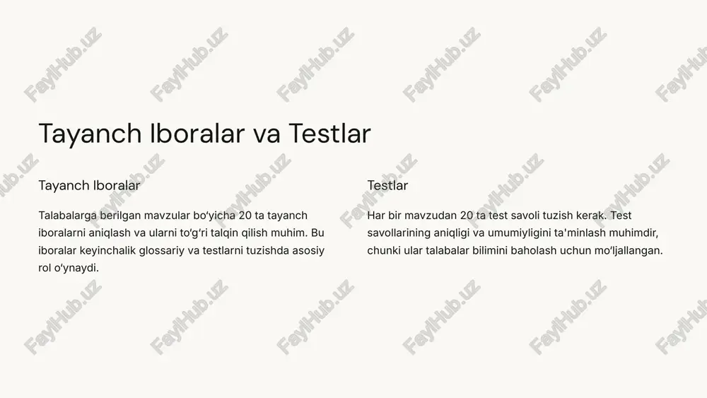 ga yordam beradi. 6 talabalar materiallarini tahlil qilish to‘plash talabalar tomonidan tayyorlangan materiallar to‘planadi. bu materiallarga tayanch iboralar, glossariy va test savollarini kiritish mumkin. tahlil to‘plangan materiallar tahlil qilinadi. bu tahlil materiallarning sifati, aniqligi va to‘g‘riligiga e'tibor qaratiladi. 7 materiallarni takomillashtirish 1 xatolar 2 o‘zgartirish 3 takomillashtirish tahlil natijalariga ko‘ra, materiallarni takomillashtirish kerak bo‘ladi. bu jarayon xatolarni tuzatish, materiallarni qayta ko‘rib chiqish va ularni yanada samarali qilishga qaratilgan. 8 so‘nggi natija va baholash 100% muvaffaqiyat 80% yaxshilanish 60% qo‘shimcha ish so‘nggi natija talabalar tomonidan tayyorlangan materiallarni takomillashtirish jarayonining natijasi hisoblanadi. natija baholash va keyingi qadamlarni rejalashtirishda foydalaniladi. 9 image1.png image2.png image3.png image4.png image5.png image6.png image7.png image8.png image9.png image10.png image11.png image12.png image13.png hu