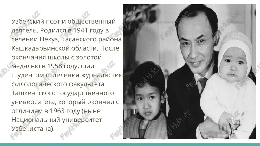 lektualnoy sobstvennosti (vois) za tvorcheskiy vklad v sokrovishnitsu mirovoy kulturi - zolotaya medal «wipo creativity award». abdulla aripov vnyos neotsenimiy vklad v literaturu: on perevyol proizvedeniya-shedevri mirovoy literaturi na uzbekskiy yazik. eto “bojestvennaya komediya” dante (chast “ad”), proizvedeniya a. s. pushkina, n. a. nekrasova, l. ukrainki, r. gamzatova, k. kuylieva. v ego proizvedeniyax nashli yarkoe predstavlenie idei miloserdiya i vernosti rodine, vera v zavtrashnee budushee, novie vzglyadi na jizn, prostota i raznoobrazie. image5.jpg image2.jpg image3.jpg image1.jpg image4.jpg myapoctb, onbit u mactepctbo tanahtnuboro y36ekckoro nosta aaayt, bhe comhehu, ele 6onee 3penbie uv couhbie nnovbi. oh ao6unca bceobiyero npuu3shahna u ybaxkehua. oh tbopun c yaobonbctbnem vu co3zqaban npekpachble o6pa3ub! uctuhhou nossun. a®ogynna apunos ymep 5 hos6pa 2016 roga. - : rn anekcahap nylwkuh luebpjiap xammacu tyla, opamm3 ounk.... xammacn tyraqu, opamn3 ounk... cyur 6op kynapnhrhn ynapkah, napu, wabuhuurra tykmamah myhrn 6up kywuk, twhrnaimah kabo6uht: “tyraqu 6apn...” sham anaobnaphu kvwjimacmah pacm ba cehu …