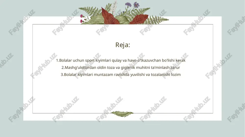 n foydalanish tavsiya etiladi sport mashg'ulotlariga mos keladigan poyabzal tanlash kerak • poyabzalning roli - sport mashg'ulotlarida poyabzal tanlash jismoniy faoliyatni samarali olib borishga yordam beradi va jarohatlardan himoya qiladi • material va qulaylik - poyabzalning materiallari yengil va nafas oladigan bo'lishi zarur bo'lib, qulaylik sport davomida xushbo'y hissiyot yaratadi mashg'ulot davomida bolalar uchun suv ichish imkoniyatini yaratish zarur • suvning ahamiyati - suv organizmning normal ishlashi uchun zarur hisoblanadi. mashg'ulot davomida bolalar ko'p harakat qilishadi va shu sababli ularni suvsiz qoldirish sog'liq uchun zararli bo'lishi mumkin. • suv ichish rejasi - mashg'ulotlardan oldin va keyin bolalarga suv ichish tartiblarini belgilash muhimdir. bu ularning rivojlanishiga ijobiy ta'sir ko'rsatadi va charchoqlarini kamaytiradi. • suv ta'minoti - bolalar uchun suv manbalarni doimiy ravishda ta'minlash kerak. bu ularga hozirgi zamon sharoitlarida suvsiz qolmaslik imkoniyatini beradi. • sog'liqni saqlash - suv ichish bolalarning sog'liq holatini yaxshilaydi. ular ko'proq energiya va yaxshi kayfiyat bilan mashg'ulotlarni …
