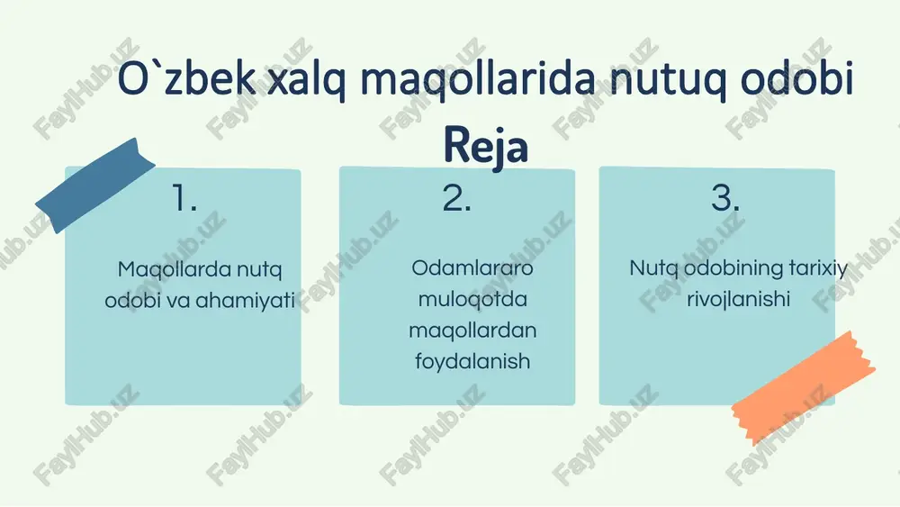 m rol o'ynaydi. ular odob-axloq qoidalarini ifodalash va muloqot jarayonida to'g'ri fikrlarni bayon etishga yordam beradi. maqollar biror fikrni aniq va ravon tarzda ifodalashda, shuningdek, suhbatdoshlarni hurmat qilishda xizmat qiladi. maqollar, shuningdek, muloqotda hissiyotlarni ifodalash va suhbatni yanada samimiy qilish uchun qo'llaniladi. ular odamlar o'rtasidagi muloqotni boyitadi va nutq odobini kuchaytiradi. masalan, "qattiq gapirganni eshitma, yumshoq gapirganni tingla" maqoli, nutq odobiga e'tibor berish zarurligini ta'kidlaydi. xulosa va kelajakdagi yo'nalishlar o'rganilgan natijalar o'zbek xalq maqollarida nutq odobi, an'anaviy qadriyatlar va zamonaviy kommunikatsiya usullari o'rtasidagi bog'lanishni ko'rsatadi. maqollar, odamlarning o'zaro muloqotida odob-axloq qoidalarini shakllantirishda muhim rol o'ynaydi. kelajakdagi tadqiqotlar maqollarning nutq odobiga ta'sirini yanada chuqurroq o'rganish uchun, zamonaviy ijtimoiy tarmoqlar va kommunikatsiya vositalarida maqollarning o'rni va ahamiyatini aniqlash maqsadida tadqiqotlar olib borilishi kerak. zamonaviy nutq odobi zamonaviy nutq odobi va maqollarning uyg'unligi, yoshlar orasida axloqiy me'yorlarni mustahkamlashga yordam beradi. maqollarni tadqiq etish, kelajak avlod uchun muhim ko'rsatma bo'lishi mumkin. natijalar va tavsiyalar …