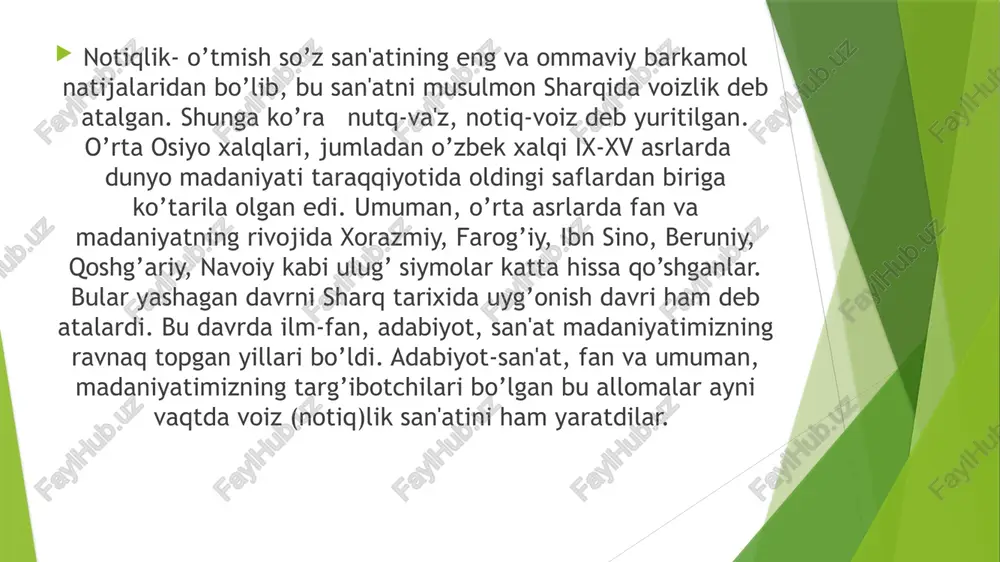 voniy "aksanul axoddis", muhammad bobur binni muhammad voiz "hidoyatul-taqvim", kuraysh sindiy "anisul-voizin", mulla kalon voiz, samarqandiy "ravzatul-voizin", qozi ushiy " miftoxun-najjoh" ("so’zning kaliti") va boshqa bir qator mohir so’z ustalari o’zlarining risolalarini yaratib, notiqlik nazariyasi sohasida ham katta yutuqlarni qo’lga kiritganlar. bularning har bir o’z tarixi, taqdiriga ega bo’lgan siymolardir. voizlikning kelib chiqishi tarixi ham ancha qiziq nuqta shveytsar olimi adam metsning ma'iumotlariga ko’ra ilgari podshohlar el oldiga chiqib, davlat tuzumi, itoatkorlik, xalqaro ahvoldan diniy qoidalardan, o’z siyosatlari va boshqa mavzularda nutq so’zlab turganlar. ularning nutq matnlarini esa, saroy xodimlari, yani devonul insho xodimlari yozib bergan. ayniqsa, juma namozi kunlari ularning chiqib, nutq so’zlashlari shart bo’lgan. vaqtlar o’tishi bilan bunday ishlarni maxsus so’z ustalariga topshira boshlaganlar. jumladan, mavlono faxriddin ali safiyning "latoyifut-tavoyif' asarida aytilishicha, sulton husayn boyqaro bir kuni sherozga, shoh shijo’ oldiga rasmiy davlat ishi bilan muzokara olib boorish uchun bir , vakil yubormoqchi bo’lgan. arkoni davlat bilan maslahatlashib, …
