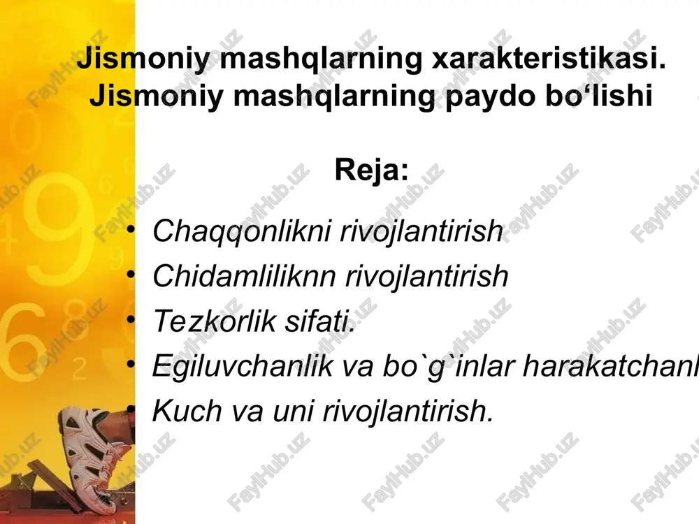 inlar ham chaqqonlikni rivojlantiradi. kuchni rivojlantirish uchun biz, odatda akrobatika, gimnastika, ogir atletika, ko`rash, eshkak zshish, o`rta masofaga yugurish, regbi, kulturizm kabi sport turlaridan foydalanishimizga to`g`ri kelmoqda. aslida shu sport turlarining ayrim mashqlaridan to`g`ri va samarali foyda lanish maqsadga muvofiqdir. biz yosh sportchilarda egiluvchanlikni rivojlantirish uchun, odatda, badiiy va sport gimnastikasi mashqlaridan, akrobatikadan, suvga sak rashdan, kulturizmdan va boshqa mashqlardan foydalanimiz. chidamlilikni rivojlantirish uchun o`rta va uzoq masofalarga yurish, sport yurishi, changida yurish, eshkak eshish, velosipedda yurish va shu bilan birga, ayrim mashqlarni qaytarishlar sonini oshirish bilan erishish mumkin. tezlik, chaqqonlik, egiluvchanlik, chidamlilik, kuch, shu kabi jismoniy sifatlar xech qachon alohida ajratib rivojlantirilmaydi. madaniyatning boshqa turlari - aqliy, axloqiy, ruxiy, mehnat, va boshqalarni tar biyalash jismoniy mashqlar bilan shug`ullanish mashg`ulotlarida osonrok kuchadi va madaniyat jarayonining samaradorligini oshiradi. har qanday harakat biror-bir konkrekt harakat vazifasi deb atala digan vazifani xal qilishga qaratiladi. masalan, iloji boricha balandrok sakrash, tupni ilib olish, rakibni …