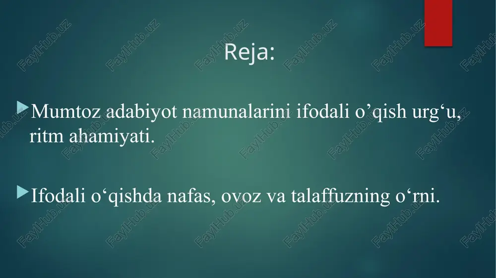 ‘lib, ularni alohida ta’kidlash yoki ovozni kuchaytirish orqali ifoda qilinadi.odatda, mantiqiy urg'udan keyin qisqa pauza qilinadi. masalan: quyidagi she’riy parchalami o‘qib, mantiqiy urg‘u olgan so‘zlarga e’tibor beraylik. sen qalbimda o‘chmas suratsan, qanday qilib seni soginmay ? suvlar gocyo menga oqqanday, qarayman-da, dil ovutaman! ortiq chanqovlikda o‘stirgan gulzorim bor, oq gullarim bor, ular seni taniydi ko‘pdan, ular senga ko‘pdan intizor. (erkin vohidov) ifodali o‘qishning asosiy vositalari ritm haqida umumiy ma'lumot. ritm grekcha (rhuthmos–ritmos) so'zidan olingan bo'lib, vazifadosh, ohangdosh degan ma'nolarni anglatadi. ritm ifodali o'qishda katta o'rin tutadi. badiiy adabiyotda, ayniqsa, she'riyatda misradagi kichik bo'laklarning bir-biriga monand ravishda takrorlanib kelishi ritmni hosil qiladi.masalan, barmoq tizimidagi she'rlarda ritm, turoq, qofiya, radiflar yordamida va misralardagi hijolarning bir tekisda takrorlanishidan maydonga keladi. masalan: his etib dunyoning shodligin, g ‘amin, ulug‘ bir hikmatga bomganman amin: yaxshiyu yomonni ko‘tararkan teng, shu bois, ona deb nom olgan zamin. ushbu to‘rtlikning har bir misrasi m a’lum bir o‘lchov asosida …