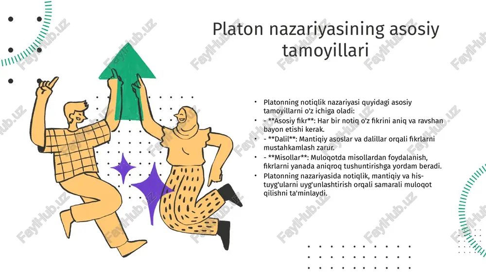 ch tushuncha notiqlik san'atining muhim komponentlari bo'lib, ularning to'g'ri birlashuvi notiqning samaradorligini oshiradi. har bir tushuncha o'zaro bog'liq bo'lib, notiqlik jarayonida muvaffaqiyatga erishish uchun zarurdir. photo by persnickety prints on unsplash notiqlik va mantiq: platonning yondashuvi platon notiqlik va mantiq o'rtasidagi aloqalarni chuqur tahlil qilgan. u mantiqiy fikrlash uslublarini notiqlikda qo'llashning muhimligini ta'kidlaydi. platonning dialektikasi, savol va javoblar orqali haqiqatga erishish yondashuvi, notiqlikda aniq va asosli argumentlar tuzishga imkon beradi. bu usul nafaqat ilmiy, balki axloqiy masalalarda ham qo'llaniladi, bu esa notiqlik san'atining mohiyatini yanada boyitadi. platon asarlarida misollar va tahlillar platon asarlaridan misollar platonning "sokratning himoyasi" asarida sokrat notiqlik mahoratini namoyon etadi. u o'z fikrlarini mantiqiy va izchil ravishda bayon etadi, bu esa uning o'zining haqiqiyligini himoya qilishga imkon beradi. bu misol notiqlik va mantiqiy fikrlash o'rtasidagi o'zaro bog'liqlikni ko'rsatadi. tahlil va izohlar yana bir misol sifatida, "republika" asarida platon adolat va axloqiy qadriyatlar haqida munozaralarda notiqlikning ahamiyatini ta'kidlaydi. …
