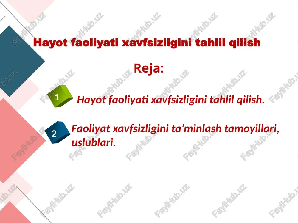 taksomaniyasini tuzishni, albatta, xavflarning tabiatini chuqur o‘rganish orqaligina amalga oshirish mumkin. afsuski, hozirga qadar xavflarning yetarlicha to‘liq taksanomiyasi yaratilmagan. bu esa har qanaqa xavfning oldini olishni ta’minlashni chegaralab qo‘yadi. shuning uchun olimlar, soha mutaxassislari oldiga xavflarning taksonomiyasini yaratish bo‘yicha ilmiy va metodologik izlanishlar olib borish maqsad qilib qo‘yilgan. hayotni faolyatini ta`minlashning ergonomik ko`rsatkichlarini taxlil qilish reja 1. ergonomika asoslari va uni inson mehnat faoliyatida ishtroki 2. faoliyat xavfsizligi psixologiyasi 3. hayot faoliyati xavfsizligining iqtisodiy jihatlari ergonomika asoslari va uni inson mehnat faoliyatida ishtroki mehnatni muhofaza qilishda ergonomik, metereologiya talablari va sharoitlari «mehnatni muhofaza qilish» fanini o‘rganishda boshqa ijtimoiy, texnikaviy, gumanitar fanlarning ma’lumotlari e’tiborga olinadi. sho’lar qatorida ergonomika fanining ma’lumotlari ham katta ahamiyatga ega. ergonomika so‘zi lotin tilidan olingan bo‘lib, «ergo» - (rabota) ish, «nomika» - (nauka) fan, ya’ni «ish to‘g‘risidagi fani» degan ma’noni bildiradi. ergonomika insonning mehnat faoliyati jarayonida qulay, xavfsizlik bilan bog‘liq ma’lum muhim vazifalar yechiladi. shunday qilib, ergonomika …