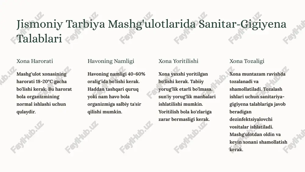 si dush xonasi keng va toza bo'lishi kerak. xonada dush kabinalari, sovun va boshqa zarur jihozlar bo'lishi kerak. dush xonasi muntazam ravishda tozalanadi va dezinfektsiyalanadi. hojatxona hojatxona toza va tartibli bo'lishi kerak. xonada tualet idishlari, lavabo va boshqa zarur jihozlar bo'lishi kerak. hojatxona muntazam ravishda tozalanadi va dezinfektsiyalanadi. jismoniy tarbiya mashg'ulotlari uchun sanitar-gigiyena talablariga javob beradigan shkaf va kiyim-kechaklar shkaflar shkaflar shaxsiy foydalanish uchun bo'lishi kerak va har bir bolaga etarli hajmdagi shkaf ajratilishi kerak. shkaflar toza va tartibli bo'lishi kerak. shkaflarning ichki qismi muntazam ravishda tozalanadi va dezinfektsiyalanadi. kiyim-kechaklar bolalar mashg'ulotlar uchun qulay va nafas oladigan kiyimlar kiyishlari kerak. kiyimlar bolaning tana harakatlarini cheklamasligi kerak. kiyimlar toza va tartibli bo'lishi kerak va mashg'ulotlardan keyin darhol almashtirilishi kerak. poyabzallar bolalar mashg'ulotlar uchun maxsus poyabzallar kiyishlari kerak. poyabzallar oyoqqa qulay bo'lishi kerak va bolaning tana harakatlarini cheklamasligi kerak. poyabzallar toza va tartibli bo'lishi kerak va mashg'ulotlardan keyin darhol almashtirilishi kerak. jismoniy …