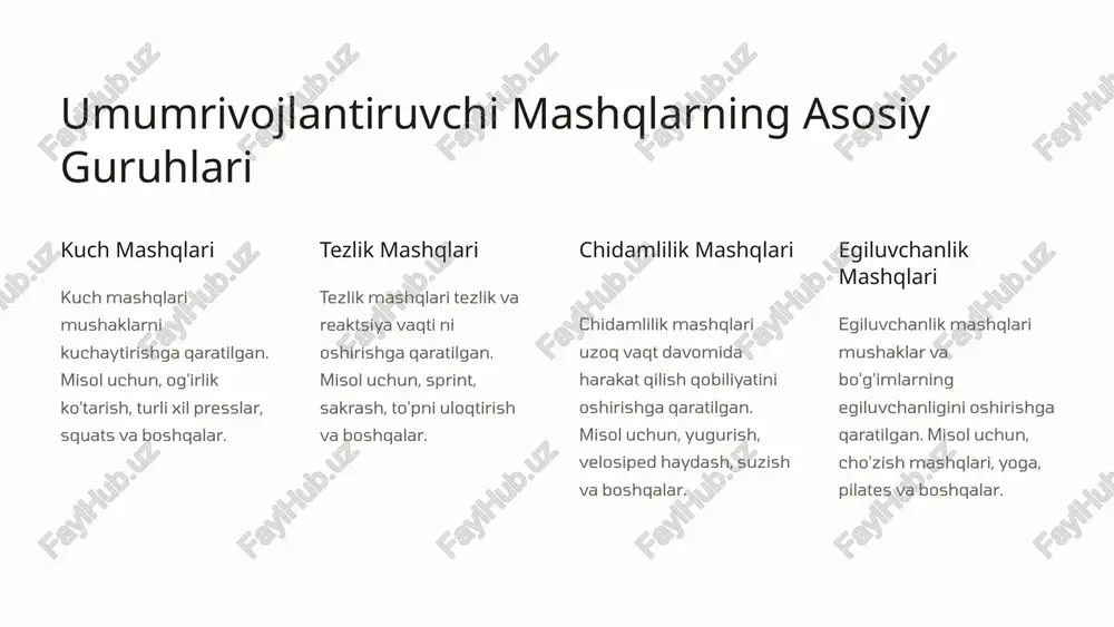 adi. 3 tezlik mashqlarining xususiyatlari va turlari 1 sprint qisqa masofalarni maksimal tezlikda yugurish. 2 sakrash turli xil sakrash turlari reaktsiya vaqti, tezlik va kuchni rivojlantirishga yordam beradi. 3 to'pni uloqtirish to'pni aniq va tez uloqtirish tezlik va koordinatsiyani rivojlantiradi. 4 chidamlilik mashqlarining xususiyatlari va turlari yugurish yugurish kardio mashqining eng mashhur turlaridan biri bo'lib, uzoq vaqt davomida harakat qilish qobiliyatini oshiradi. velosiped haydash velosiped haydash ham yugurishga o'xshab, chidamlilikni oshiradi. suzish suzish - bu bo'g'imlarga bosim o'tkazmaydigan, chidamlilikni rivojlantirish uchun yaxshi tanlov. 5 egiluvchanlik mashqlarining xususiyatlari va turlari 1 cho'zish mashqlari cho'zish mashqlari mushaklarning egiluvchanligini oshirishga qaratilgan va turli xil usullar bilan amalga oshiriladi. 2 yoga yoga mushaklarni cho'zish, balandlik va muvozanatni oshirish bilan bir qatorda, ruhiy tinchlikni ta'minlaydi. 3 pilates pilates - bu tananing egiluvchanligini oshirish, mushaklarni kuchaytirish va muvozanatni yaxshilashga qaratilgan mashqlar tizimi. 6 koordinatsiya mashqlarining xususiyatlari va turlari to'p o'yinlari to'p o'yinlari reaktsiya vaqti, tezlik, aniqlik …