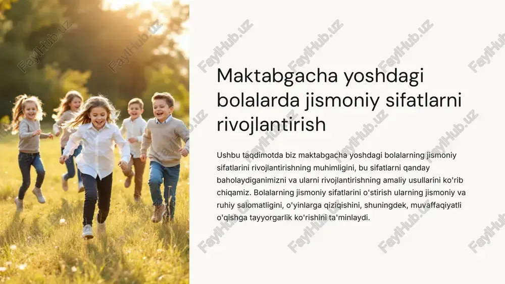 h mashqlari tosh devorlarga chiqish, arqon bo'ylab chiqish, pog'onalar yoki zinapoyalarga chiqish. 5 tezkorlik sifatini rivojlantirish 1 qisqa masofaga yugurish turli qisqa masofalarga yugurish musobaqalari o'tkazish, masalan, 10-20 metr masofaga. 2 tezkor reaksiya o'yinlari masalan, "signal" o'yini, unda bolalar ma'lum bir signalga qarab tezkor reaksiya ko'rsatishlari kerak. 3 tezlikka yo'naltirilgan o'yinlar tezlikni talab qiladigan o'yinlar, masalan, "qo'lga olish", "yashirish", "o'yinchoqni tezroq olib kelish" kabi o'yinlar. 6 chidamlilik sifatini rivojlantirish uzoq masofaga yurish bolalarni uzoq masofalarga yurishga undaydigan o'yinlar, masalan, "sayohat", "o'rmonga sayohat" kabi o'yinlar. yugurish uzoq vaqt yugurishga o'rgatish, masalan, bolalarni yo'l bo'ylab yugurishga rag'batlantirish, ularni o'zlariga yoqqan qahramonlarni tasavvur qilishlari mumkin. sport o'yinlari bolalarni futbol, basketbol, badminton kabi sport o'yinlariga jalb qilish, bu ularning jismoniy faollik darajasini oshiradi. 7 egiluvchanlik sifatini rivojlantirish 1 cho'zish mashqlari bolalarni tanasini cho'zishga o'rgatish, masalan, qo'llarni yuqoriga ko'tarish, oyoqlarni cho'zish, tanani oldinga va orqaga egish. 2 gimnastika bolalarni turli gimnastika mashqlarini bajarishga o'rgatish, masalan, …