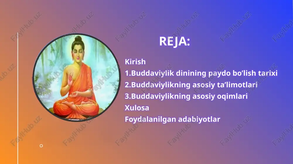 i to‘rt muqaddas haqiqat (chatur arya satya) hayot azob-uqubatga to‘la. azob-uqubatlarning sababi – istak va nafs. azobdan qutulish – istaklardan voz kechish. qutulish yo‘li – “sakkiz pog‘onali yo‘l”ni (astangika marga) tutish. sakkiz pog‘onali yo‘l to‘g‘ri e’tiqod to‘g‘ri fikr to‘g‘ri so‘z to‘g‘ri harakat to‘g‘ri turmush to‘g‘ri sa’y-harakat to‘g‘ri xotirjamlik (kontsentratsiya) to‘g‘ri tafakkur markaziy osiyo, xitoy va janubi-sharqiy osiyoga tarqaldi. budda vafotidan keyin uning izdoshlari ta’limotini saqlab qolish va keng tarqatish uchun jamoalar tashkil etdilar. dastlabki buddaviy jamoatlar monastirlar (sangha) shaklida tashkil etilgan bo’lib, ular asketizm asosida hayot kechirganlar. buddaviylik ta’limoti asosan og’zaki tarzda yetkazilgan bo’lsa-da, buddaning vafotidan keyingi bir necha asr ichida uning g’oyalari yozma shaklda qayd etila boshlandi. 9 buddaviylikning asosiy ta’limotlari buddaviylik dunyodagi eng qadimiy dinlardan biri bo’lib, uning ta’limotlari inson hayotining ma’naviy va axloqiy jihatlarini chuqur tahlil qilishga asoslangan. ushbu diniy falsafa siddhartha gautama, ya’ni budda tomonidan miloddan avvalgi vi—v asrlarda hindiston hududida asos solingan. buddaviylik o’zining muayyan …