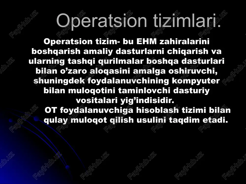 iga mos keladi. linux operatsion sistemasi tomonidan beriladigon imkonyatlar. ham ish joyida ham uyda foydalanish uchun legal ochiq ravishda zamonaviy os ga ega bo’lish imkonyatini beradi. tez harakatlanish darajasiga ega . mustahkam barqaror uzilishlarsiz ishlaydi. viruslar tasiridan holi. zamonaviy pklar imkonyatlardan to’la foydalanishga imkonyat beradi hamda dos va ms windowslarga xos bo’lgan kompyuterlari xotirasi va protsessorlari resurslaridan foydalanishdagi cheklanganlikni olib tashlaydi. kompyuterlarni lokal va global tarmoqlarga shu jumladan internetga oson integratsiya qilishga imkon beradi. unix ms dos va ms windowslarning turli versiyalaridagi boshqa oslarning to’ldirilgan formatda berilgan amaliy dasturlarni bajarish imkonyatini beradi. unix dunyosida jamlangan va dastlabki matnlar bilan birga ochiq tarqatilayotgan juda ko’p sonli turli dasturiy paketlardan foydalanishga imkon yaratadi. liux va hamda boshqa operatsion sistemada ishlashga yaroqli obyektga oriyentrlashtirilgan ko’p darchali matnli yoki grafik interfeyisli kliyent -server klassidagi sistemani ham kiritgan holda istalgan darajadagi murakkab amaliy dasturlarni ishlab chiqish uchun instrumental vositalarning boy to’plami bilan taminlaydi. barcha xoxlovchilarga …
