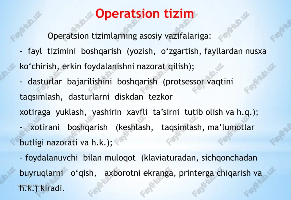 orat. www.arxiv.uz ot lardan quyidagi xususiyatlarga ega bo‘lishi talab qilinadi: 1. ishonchlilik. ot o‘z ishlayotgan qurilmalar bilan birga ishonchli bo‘lishi kerak. ot foydalanuvchining aybi bilan vujudga kelgan xatoni aniqlashi, tahlil qilishi va tiklash imkoniyatiga ega bo‘lishi kerak. 2.ximoya. ot bajarilayotgan masalalarning o‘zaro bir-biriga beradigan tasiridan himoyalash kerak. 3. bashorat. ot foydalanuvchi so‘roviga bashoratchilik bilan javob berishi kerak. 4. qulaylilik. foydalanuvchiga ot ni taklif qilishdan maqsad resurslarni aniqlash va bu resurslarni boshqarish masalalarini yechishdan ozod qilishdir. tizimni inson psixologiyasini hisobga olgan xolda loyihalash kerak. 5. effektivlik. resurlar taqsimotida ot foydalanuvchi uchun maksimal xolda sistema resurslaridan foydalanish darajasini oshirish kerak. resurslarning ot tomonidan band qilinishi foydalanuvchi imkoniyatlarini kamaytirishga olib keladi. www.arxiv.uz 6. moslashuvchanlik. sistema amallari foydalanuvchiga qarab sozlanishi mumkin. resurslar majmuasi ot effektivligi va samaradorligini oshirish maqsadida ko‘paytirishi yoki kamaytirilishi mumkin. 7. kengaytiruvchanlik. ot ga yangi fizik va dasturiy resurslar qo‘shilishi mumkinligi. 8. aniqlik. foydalanuvchi sistema haqida qancha bilgisi kelsa shuncha bilish …