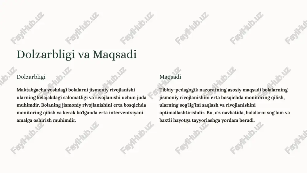 a qatnashish darajasini baholashni o'z ichiga oladi. jismoniy rivojlanishni rag'batlantiruvchi omillar sog'lom ovqatlanish to'g'ri va muvozanatli ovqatlanish bolaning jismoniy rivojlanishi uchun juda muhimdir. yeterli harakat bolalarning jismoniy faol bo'lishlari, sport bilan shug'ullanishlari, ochiq havoda o'ynashlari kerak. yeterli uyqu yeterli uxlash bolaning jismoniy va ruhiy rivojlanishi uchun juda muhimdir. oilaviy muhit sog'lom va quvnoq oilaviy muhit bolaning jismoniy va ruhiy rivojlanishi uchun juda muhimdir. sog'lom turmush tarzi va maktabgacha ta'lim 1 sog'lom ovqatlanish maktabgacha ta'lim muassasalarida bolalarga to'g'ri ovqatlanishni o'rgatish, sog'lom ovqatlarni tanlashni va uni muntazam iste'mol qilishni o'rgatish kerak. 2 jismoniy faollik bolalarga muntazam jismoniy mashqlar, o'yinlar va sport bilan shug'ullanishni o'rgatish, ularni harakatga rag'batlantirish kerak. 3 shaxsiy gigiena bolalarga toza va sog'lom hayot kechirishni, shaxsiy gigiena qoidalariga rioya qilishni o'rgatish kerak. maktabgacha yoshdagi bolalar faoliyatida harakat aktivligi 1 o'yin o'yin - bu bolalar uchun eng yaxshi o'qitish va rivojlantirish usullaridan biri. 2 sport sport bolalarni jismoniy jihatdan rivojlantirish, mushaklarini …
