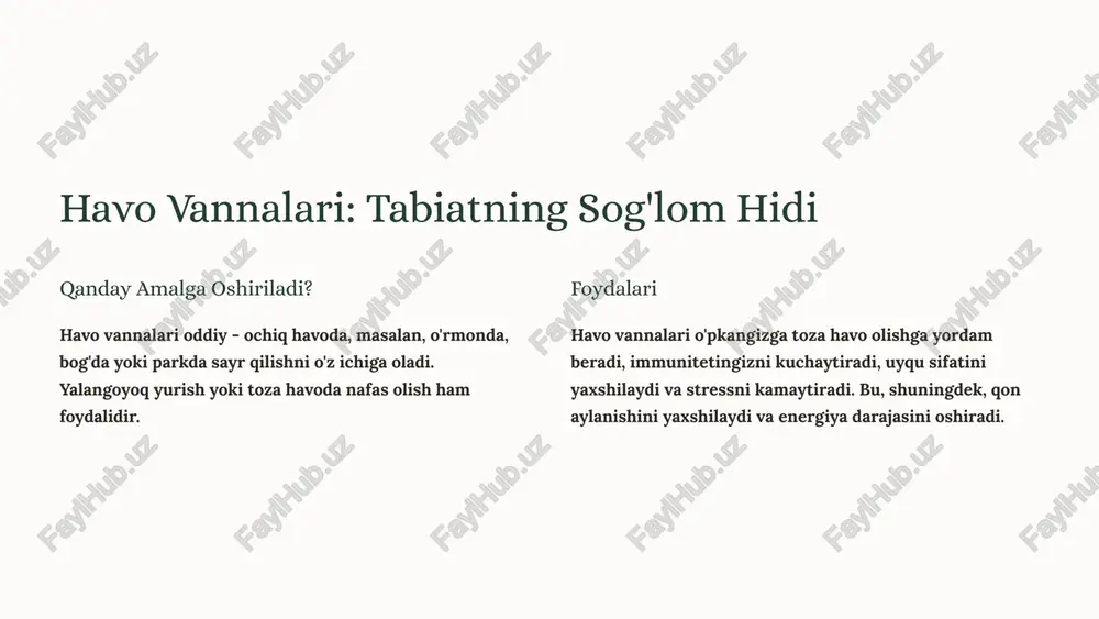 tadbirlari: sog'lom tana va ruh uchun suzish suzish yurak-qon tomir tizimini mustahkamlaydi, mushaklarni kuchaytiradi va bo'g'imlarga yuklamani kamaytiradi. dush sovuq dush qon aylanishini yaxshilaydi, immunitetni kuchaytiradi, charchoqni ketkazadi va kayfiyatni ko'taradi. vannalar issiq vanna stressni kamaytiradi, mushaklarni bo'shashtiradi va uxlash sifatini yaxshilaydi. suv tadbirlarining ahamiyati: sog'lik va go'zallik uchun 1 immunitetni mustahkamlash suv tananing haroratini tartibga soladi va immunitetni kuchaytiradi. sovuq dush yoki suvda cho'milish immunitetni kuchaytiradi. 2 qon aylanishini yaxshilash suv tanadagi qon aylanishini yaxshilaydi, bu esa hujayralarni kislorod bilan to'yintiradi va metabolizmni tezlashtiradi. 3 stressni kamaytirish suv tanadagi stress gormonlarini kamaytiradi, charchoqni ketkazadi va ruhiy holatni yaxshilaydi. issiq vanna stressni engishga yordam beradi. suv tadbirlarini amalga oshirishning qoidalari bosqichma-bosqich avval iliq suv bilan boshlang, so'ngra asta-sekin suvning haroratini pasaytiring. organizmingizni sovuqqa asta-sekin o'rgatish muhim. vaqt birinchi marta 1-2 daqiqa sovuq suvda turish kifoya. vaqtni asta-sekin ko'paytirish mumkin. tana holati suv tadbirlari paytida tanangizni bo'shashtiring va nafas olishingizni nazorat …
