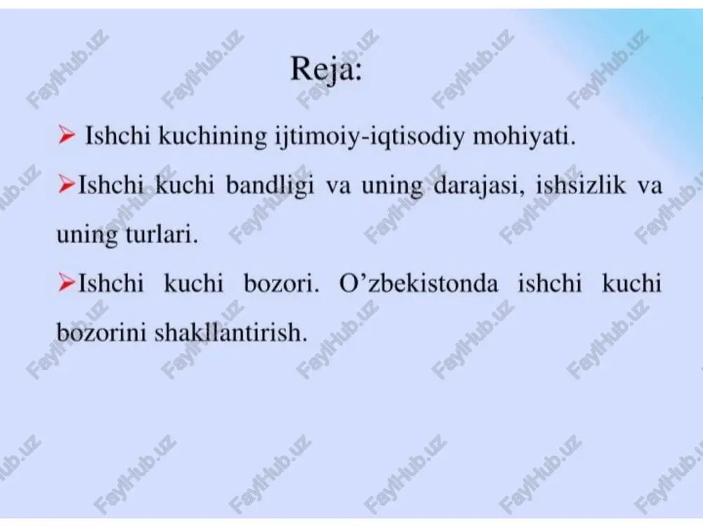 migratsiyasining ijtimoiy vazifasi aholi turmush darajasini oshirish, inson omilining jjtimoiy hayotdagi roli va mavygeini yanada yuksaltirishdan iborat ishchi kuchi bozori — bu xo'jalik faoliyati jarayonida "ishchi kuchi" tovari egalari va uning asosiy iste'molchilari — davlat va tadbirkorlar o'rtasida mehnat sharoitlari ya unga haq to'lash miqdorlari, ishchilarning malaka darajasi, ular tomonidan bajarilayotgan ishlarning hajmi, intensivligi va mas'uliyat darajasi bo'yicha tarkib topuvchi ijtimoiy- iqtisodiy munosabatlarning murakkab tizimi. ingliz igtisodchisi a.fillips ishsizlik va inflyatsiyaning 0’ o'rtasidagi bog'liqlikni ko'rsatib berib, bu bog'liqlikni ifodalovel egri chiziq fillips egri chizig'i deb nom oldi. unga ko'ra, inflyatsiya | darajasini 1 foizga pasaytirish uchun ishsizlikni 2 foizga o’stirish lozim bo'ladi. w-nominal ish hagining osish sur ati. p-inflatsiya darajasi. u-isi ik darajasi. u% ishsizlik turlari. bir ishdan bo'shab yangi ishga joylashgunga qadar bo'lgan davrdagi ishsizlik friksion (oralig) ishsizlik deyiladi. (bu muddat | oydan 3 oygacha davom etishi mumkin) yangi kasb va mutaxassislikni o'zlashtirib yoki bosha joyga ko'chib o’tib, yangi …