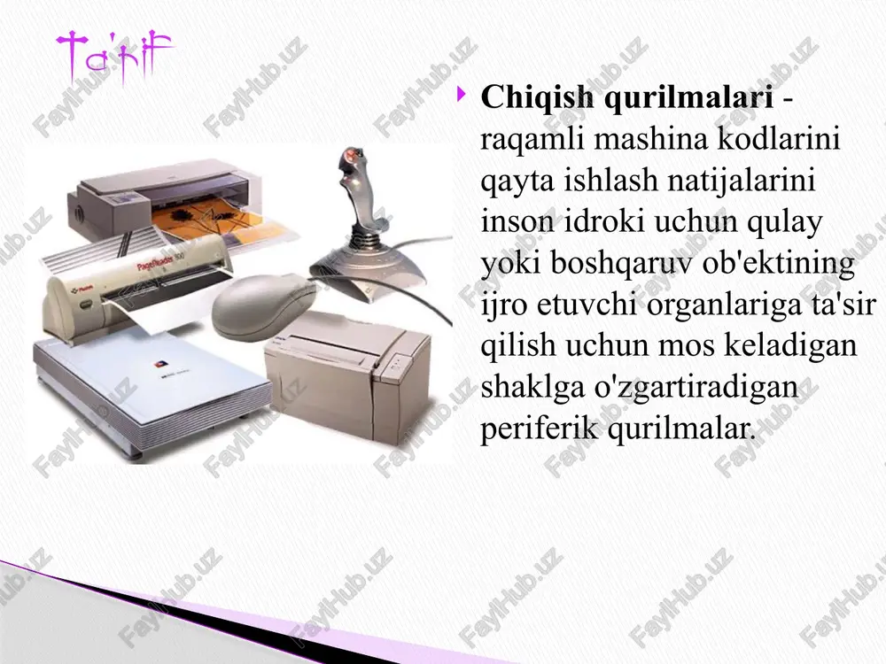 azmadagi elektr razryaddan kelib chiqadigan ultrabinafsha nurlar ta'sirida fosforning lyuminestsensiyasi hodisasiga asoslangan monitor. plazma - plazma paneli asosida (ingliz . plazma d displey panel , pdp ) organik yorug'lik chiqaradigan diod organik yorug'lik chiqaradigan diod - bu organik birikmalardan tayyorlangan yarim o'tkazgichli qurilma bo'lib, u orqali elektr toki o'tganda samarali yorug'lik chiqaradi. taxminlarga ko'ra, bunday displeylarni ishlab chiqarish suyuq kristall displeylarni ishlab chiqarishga qaraganda ancha arzon bo'ladi. oled monitor - oled texnologiyasiga asoslangan (inglizcha o rganic nur - chiqarish _ _ diyot ) _ bu texnologiya to'g'ridan-to'g'ri retinada tasvirni hosil qiluvchi chiqish moslamasi. natijada foydalanuvchi o‘zining oldida havoda “osilgan” tasvirni ko‘radi. virtual retinal monitor (ing. virtual retinal displey, vrd ) lazer paneli asosida (hali ishlab chiqarishga joriy qilinmoqda) lazer monitor _ video ko'rsatish ) don hajmi yoki piksel (dyuym) - monitor ekranidagi bitta nuqtaning jismoniy o'lchami. don hajmi qanchalik kichik bo'lsa, tasvir sifati shunchalik yuqori bo'ladi. ruxsat - vertikal va …