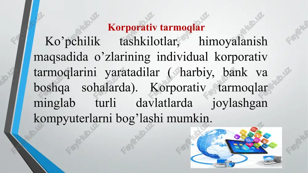 hning domen usuli foydalaniladi. internetda kompyuter tarmoqlari (kt) internet manzili yoki aniqrog’i ip-manzilini belgilash bilan aniqlanadi. ip manzili 32 bit uzunlikda va har biri 8 bitdan iborat to’rt qismdan tashkil topgan va har bir qismi 0 dan 255 gacha bo’lgan qiymatlarni qabul qiladi. qismlar bir-biridan nuqta orqali ajratiladi. masalan, 232.25.234.156 yoki 147. 120. 3. 28 lar ip da ikkita har xil manzilni belgilaydi. agar siz dns – adres kiritsangiz, u avval nomlar serveriga yuboriladi, bu server ushbu adresni mashina anglay olishi uchun 32 bitli ip – adresga o’giradi. dns nomlar odatda uchta tashkil etuvchilardan tashkil topadi ( ularning soni ko’proq bo’lishi ham mumkin). domen tizimi ierarxik strukturaga egadir: yuqori sath domenlari, ikkinchi sath va h.k. sath domenlari. yuqori sath domenlari ikki xil bo’ladi: geografik (ikkita harfli - har bir davlat o’zining kodiga ega) va administrative (uchta harfli). geografik belgilar bo’yicha: .uz o’zbekiston .ru rossiya .kz qozog’iston administrative belgilar bo’yicha: .edu …