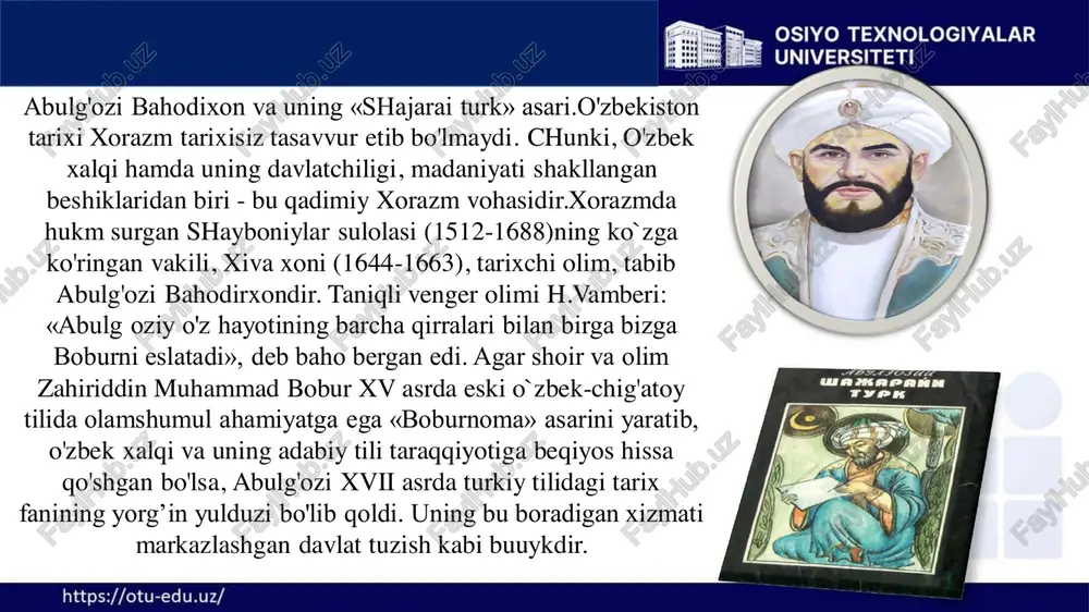 an davlat tuzish kabi buuykdir. 3.1 eftaliylar davlati tarixini o’rganilishi. turk hoqonligi davri tarixshunosligi. arablar bosqini va markaziy osiyo xalqlarining istilochilarga qarshi kurashi tarixshunosligi. o’zbekiston hududi ham eron, hindiston, mesopotamiya, yunoniston, rim, misr va xitoy singari mamlakatlar kabi ilk madaniyat uchoqlaridan hisoblanadi. lekin uning qadimiy madaniyati haqida ma’lumotlar juda kam saqlanib qolgan. biz yurtimizning faqat miloddan avvalgm vi asrlardan keyingi ijtimoiy-siyosiy hayoti haqida ma’lum darajada yozma ma’lumotlarga egamiz. eron, hindiston va ayniqsa, qadimgi yunoniston va rim manbalarida saqlangan ma’lumotlarga qaraganda, qadim zamonlarda hozirgi o’zbekiston hududida istiqomat qilgan saklar, massagetlar va boshqa qabilalar urug’chilik tuzumini boshdan kechirganlar, chorvachilik, qisman dehqonchilik hamda hunarmandchilik bilan shug’ullanganlar. bir necha tilni mukammal bilgan abulg'ozi o'sha davr udumlariga ko'ra arab, fors tillarida emas, turkiy tilda ijod qildi. «bu tarixni yaxshi va yomon barchalar bilsun» deb turkiy til birlan aytdim. turkiyni ham andoq aytubmanki, bet yoshar o'g'lon tushunur». uning ana shunday asarlaridan biri « , shuningdek, , …